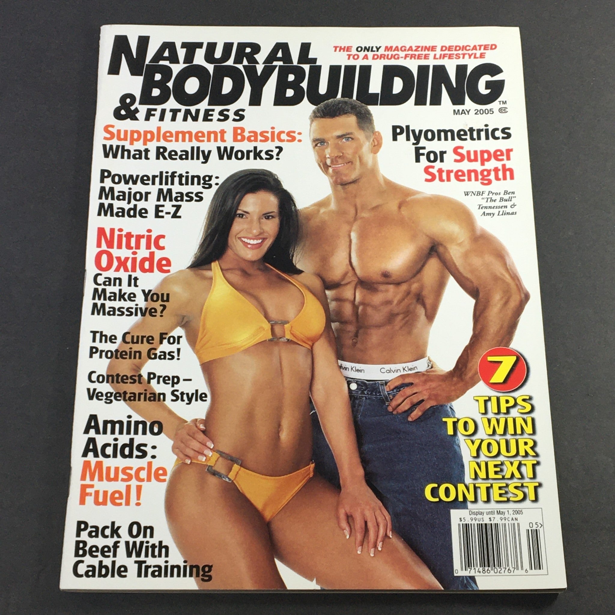 Cover of Natural Bodybuilding & Fitness May 2005 featuring WNBF competitors Ben Tennessen and Amy Llinas. The magazine includes articles on supplement basics, powerlifting, and tips for bodybuilding competitions.
