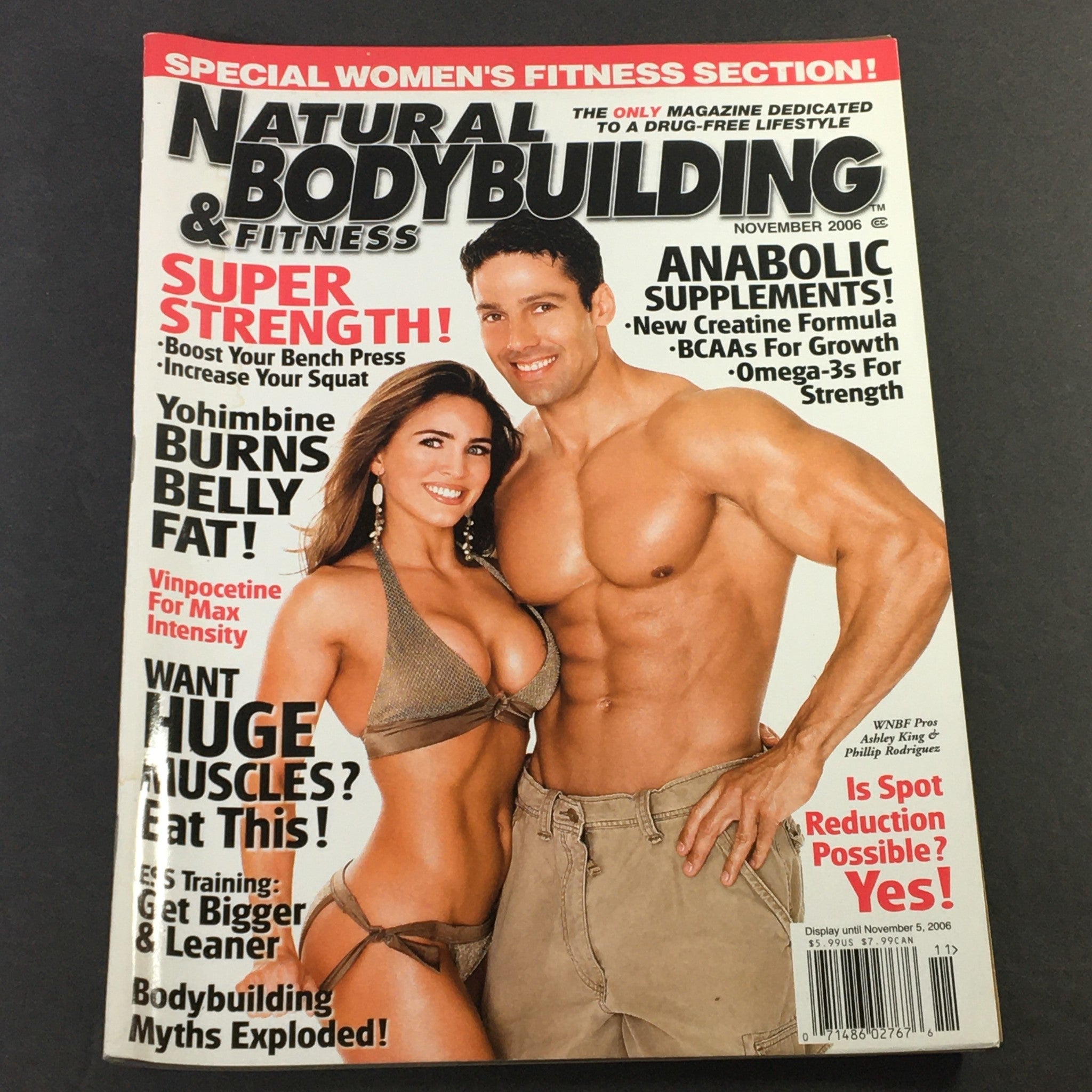 Cover of Natural Bodybuilding & Fitness magazine, November 2006 featuring Ashley King and Phillip Rodriguez. The magazine highlights super strength training, bodybuilding tips, and nutritional supplements.