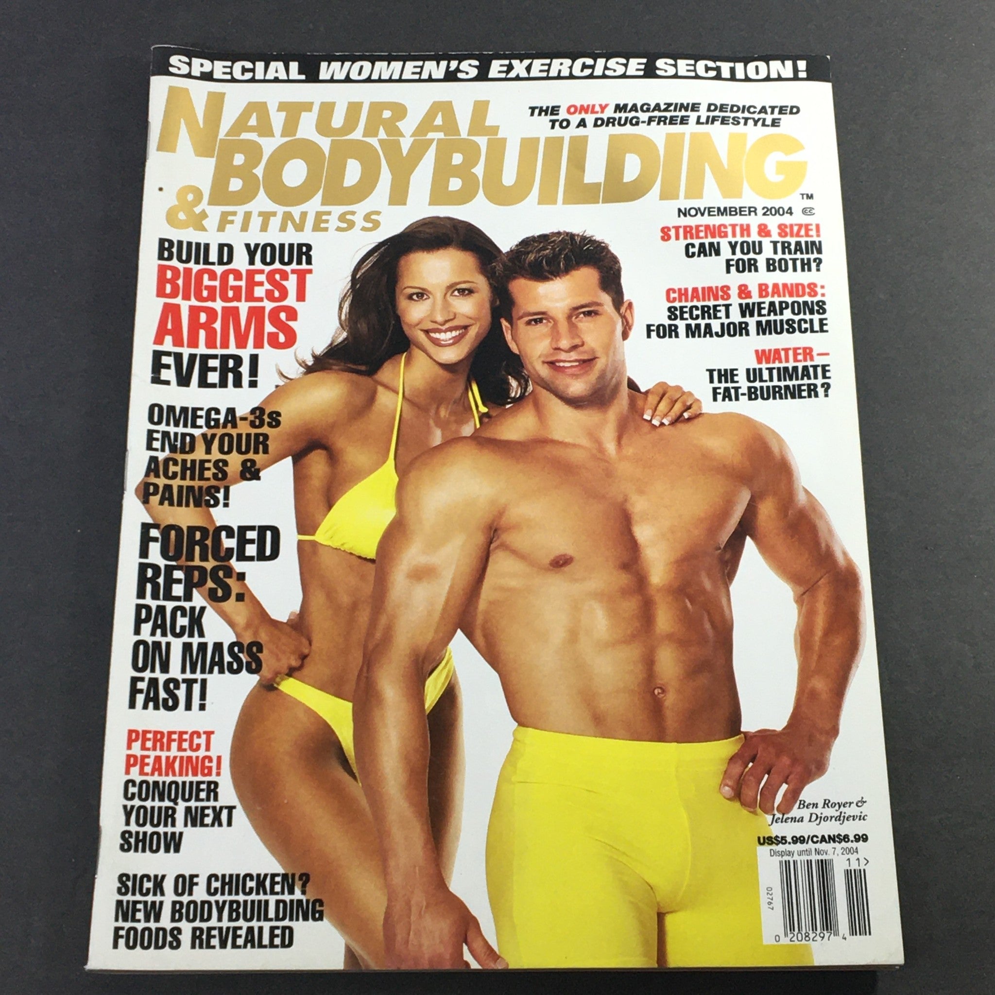 Cover of Natural Bodybuilding & Fitness November 2004 featuring Ben Royer and Jelena Djordjevic, showcasing fitness tips and bodybuilding techniques.