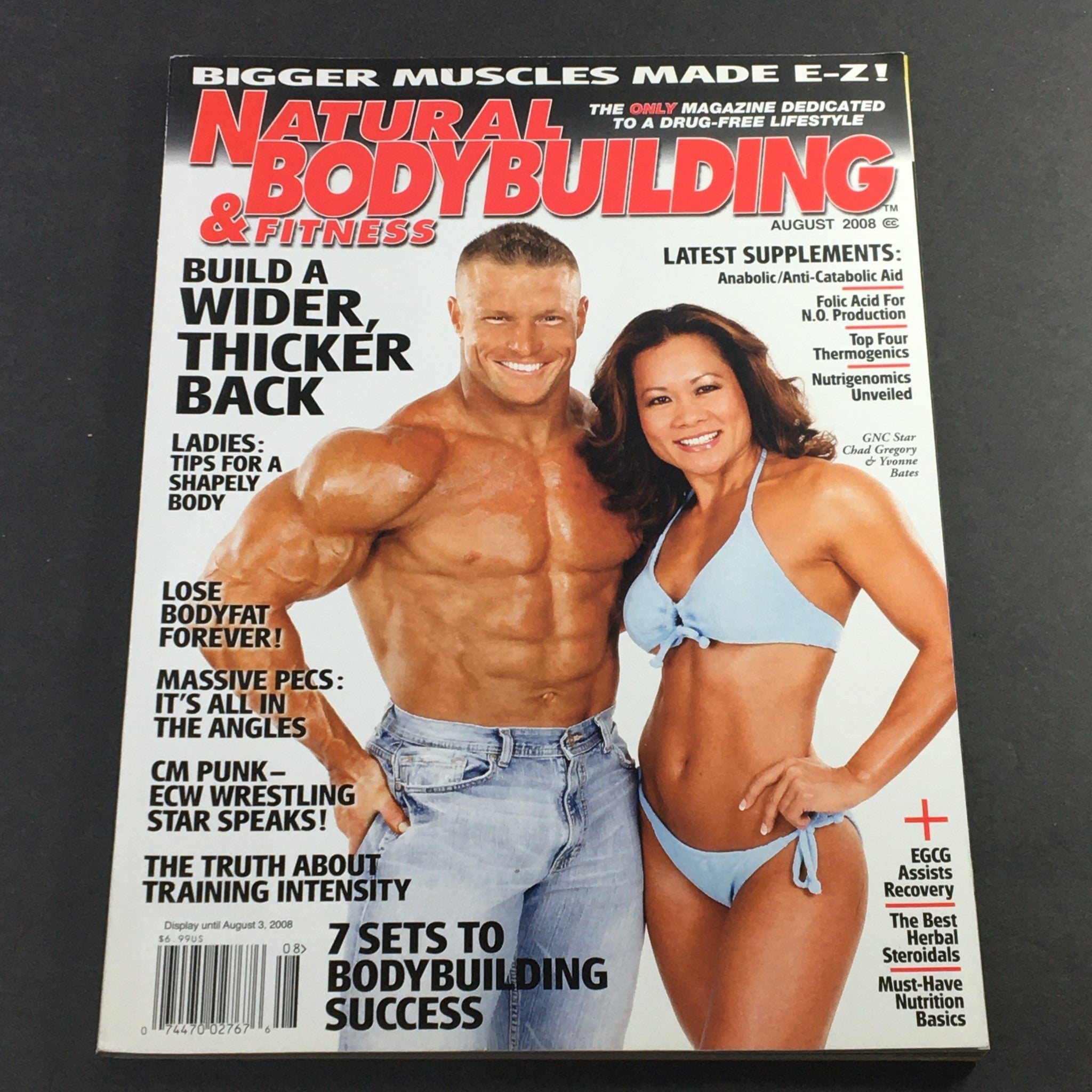 Cover of Natural Bodybuilding & Fitness, August 2008 featuring GNC's Chad Gregory and Yvonne Bates. The magazine highlights fitness tips, bodybuilding strategies, and nutritional supplements for a healthy lifestyle.