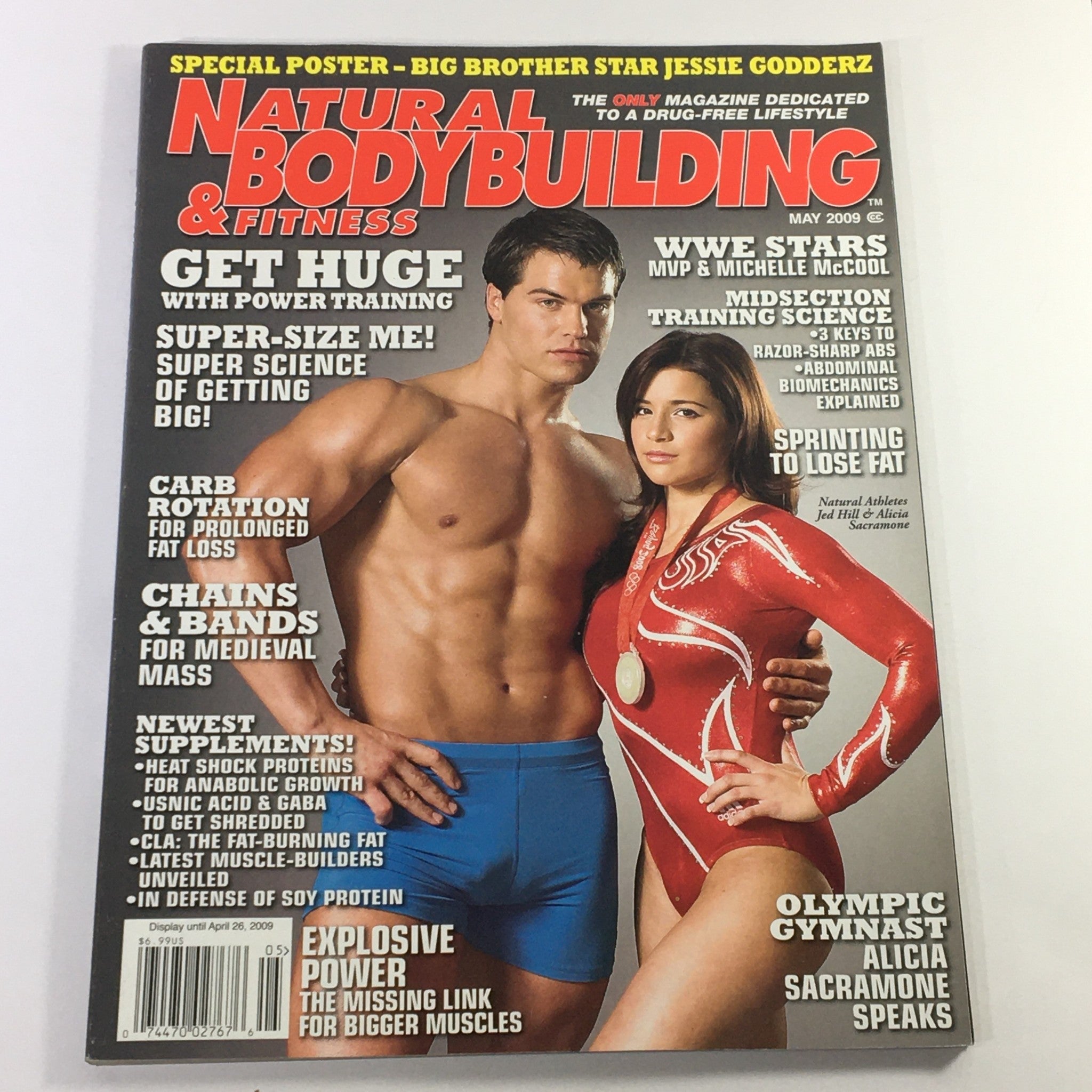 Natural Bodybuilding & Fitness May 2009 magazine cover featuring athletes Jed Hill and Alicia Sacramone, showcasing fitness tips and power training techniques.