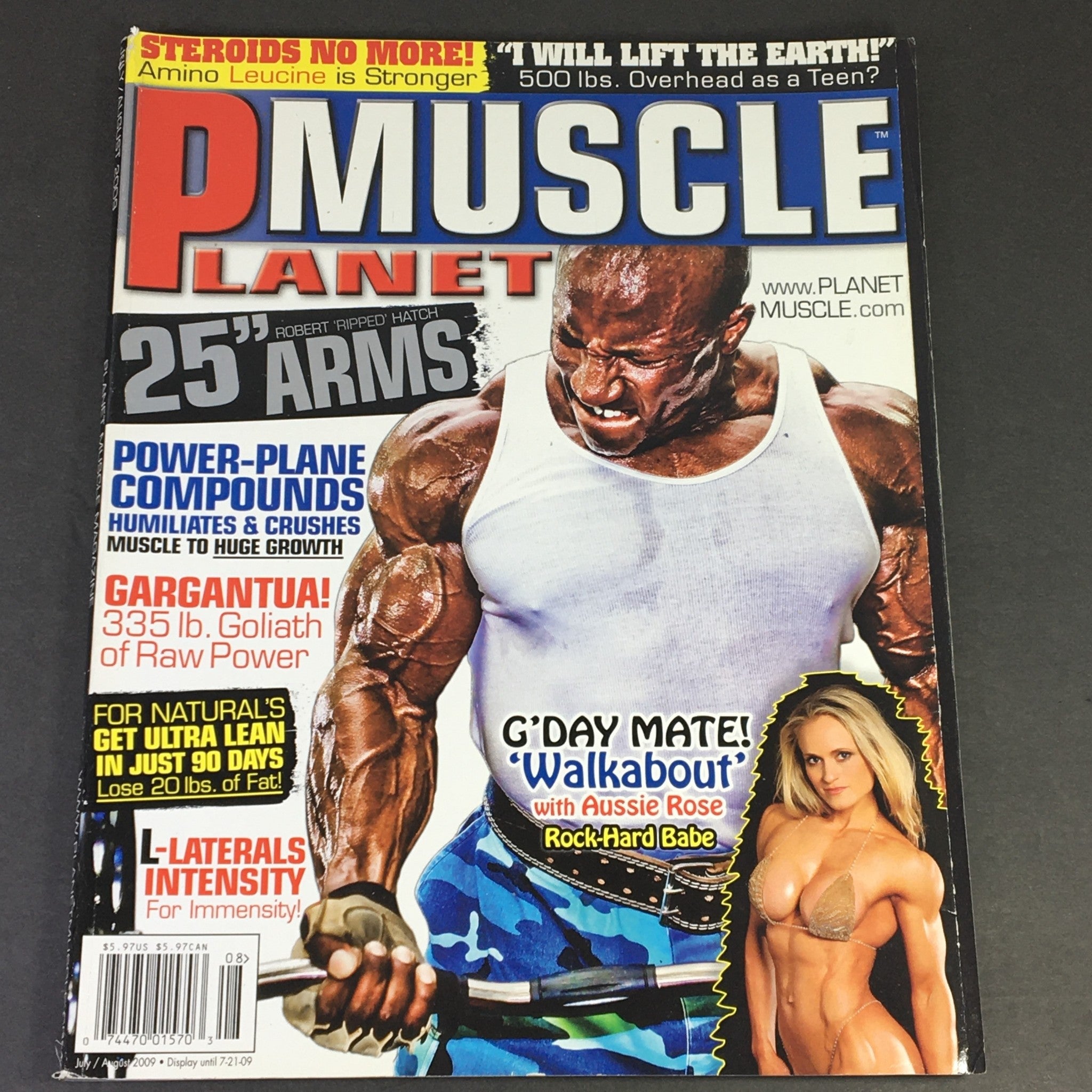 Cover of Planet Muscle Magazine July August 2009 featuring Power-Plane Compounds and Aussie Rose, showcasing fitness culture and bodybuilding trends of the era.