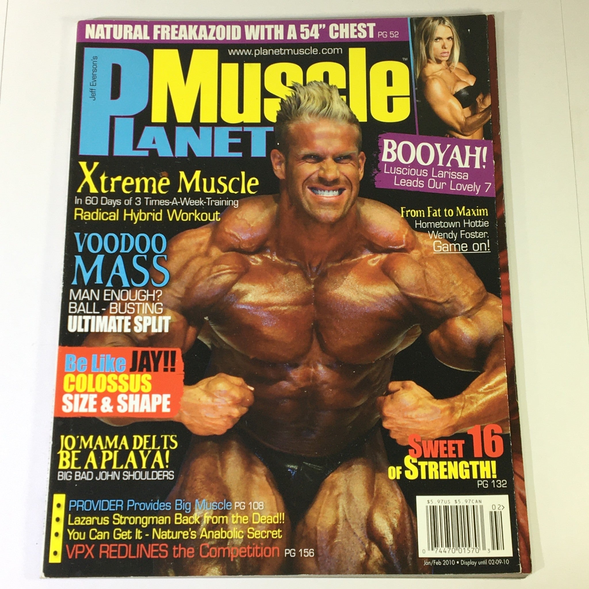 Cover of Planet Muscle Magazine January February 2010 featuring the Radical Hybrid Workout. The image showcases a muscular man flexing, with text highlighting strength and workout features.