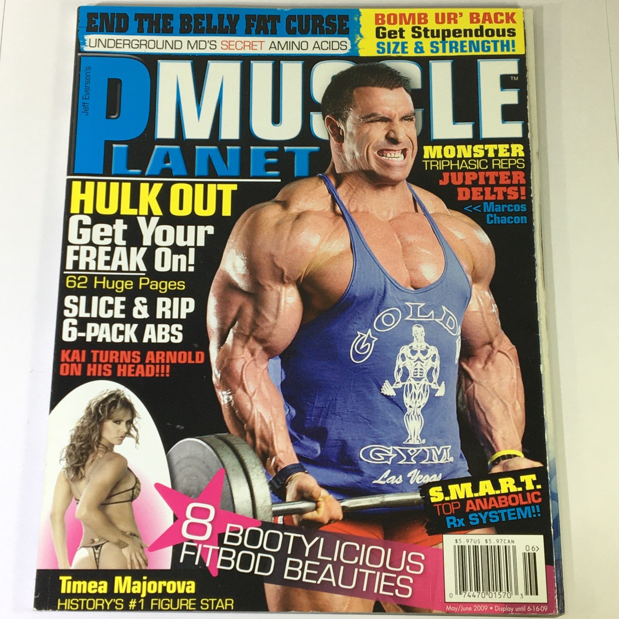Cover of Planet Muscle Magazine May June 2009 featuring Timea Majorova and a bodybuilder showcasing the Monster Triphasic Reps technique, emphasizing fitness tips and bodybuilding culture.