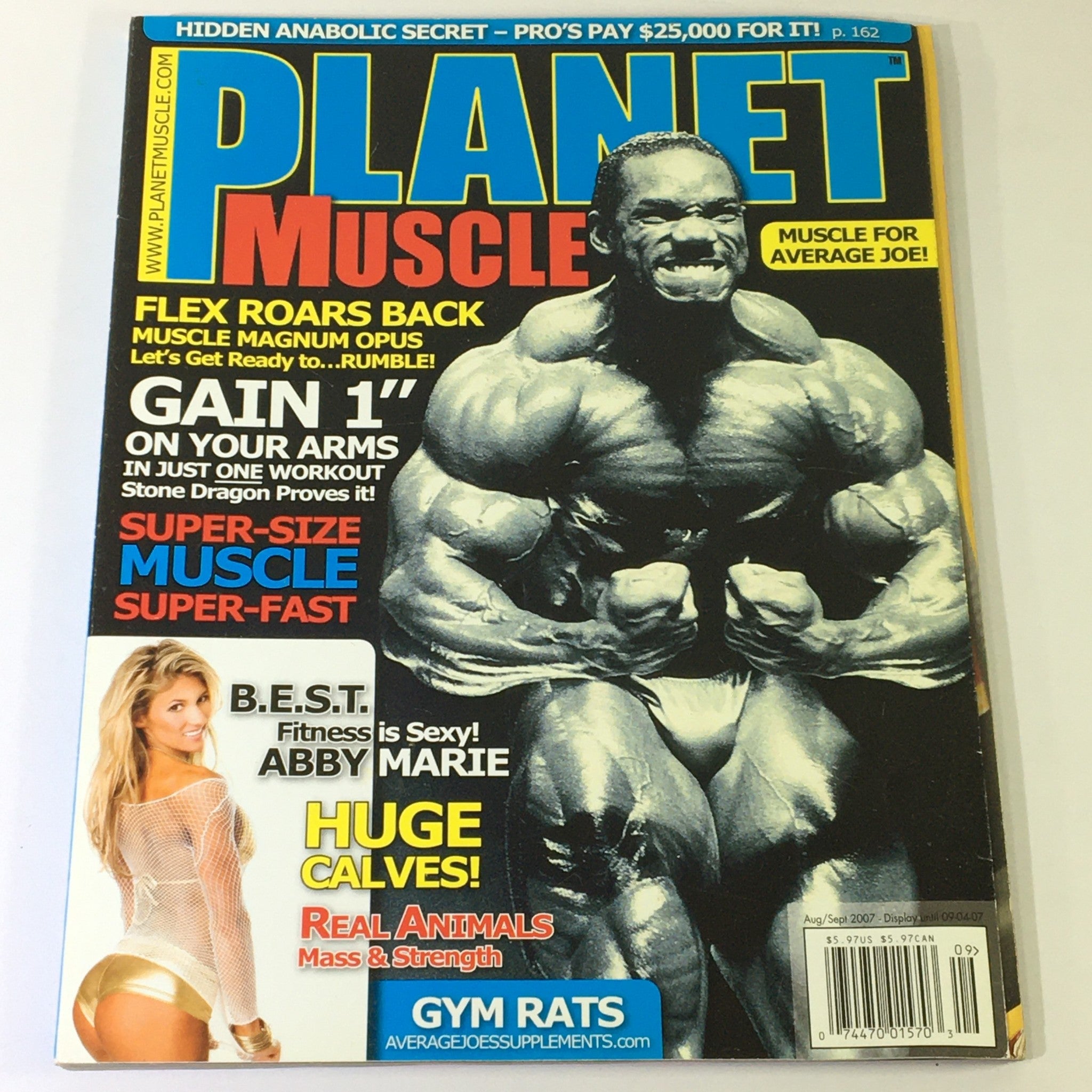 Cover of Planet Muscle Magazine August September 2007 featuring bodybuilder Abby Marie and showcasing articles on muscle building and fitness tips.