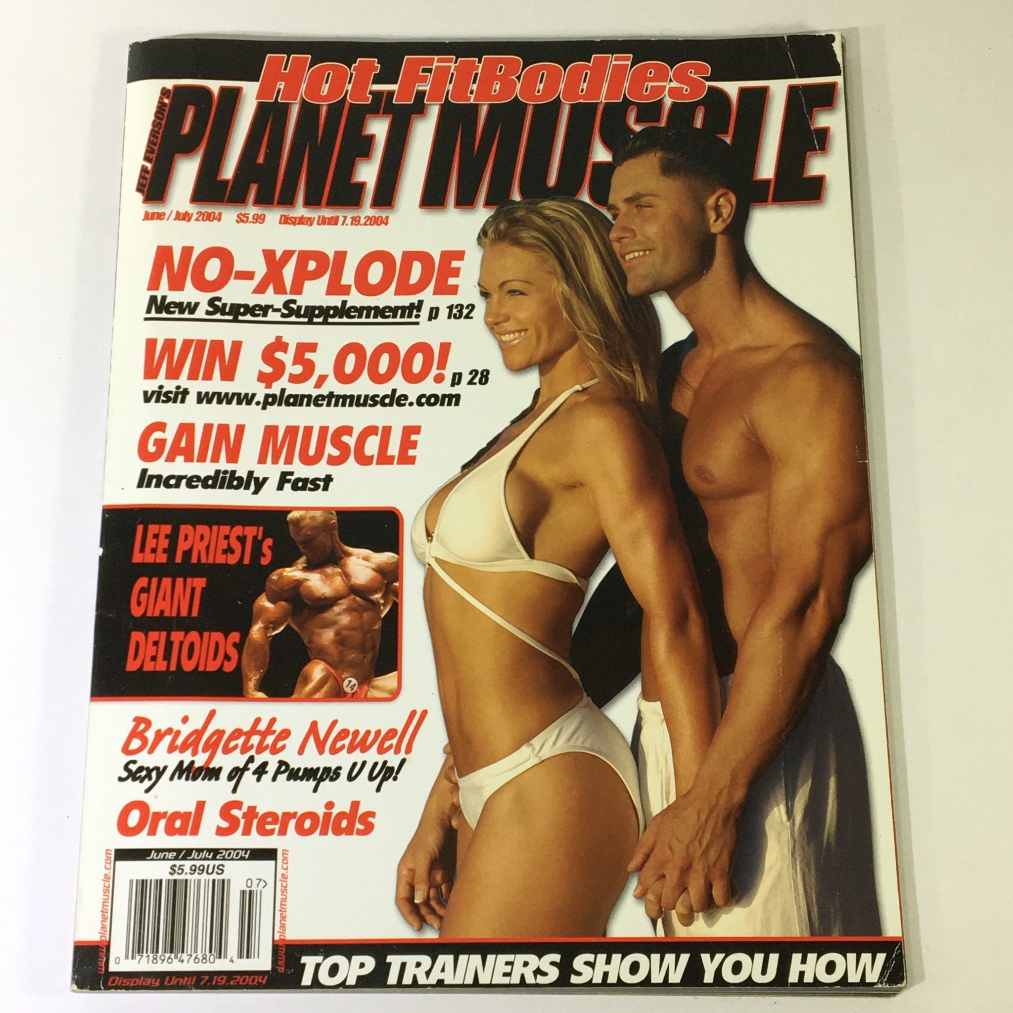 Cover of Planet Muscle Magazine June July 2004 featuring iconic athletes Bridgette Newell and Lee Priest, showcasing fitness and bodybuilding culture, with headlines about deltoids and muscle gain.