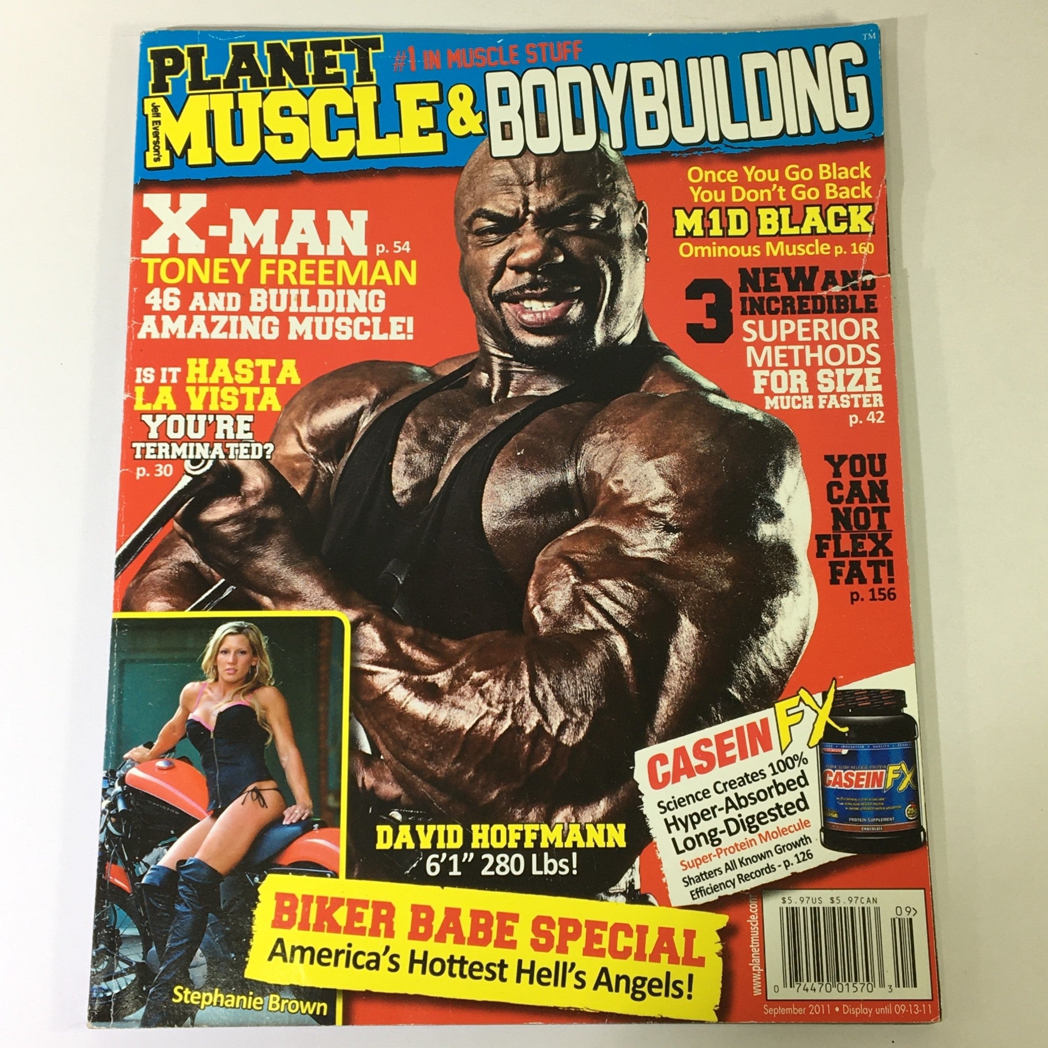 Cover of Planet Muscle & Bodybuilding September 2011 featuring David Hoffman and Stephanie Brown, highlighting bodybuilding news and tips.