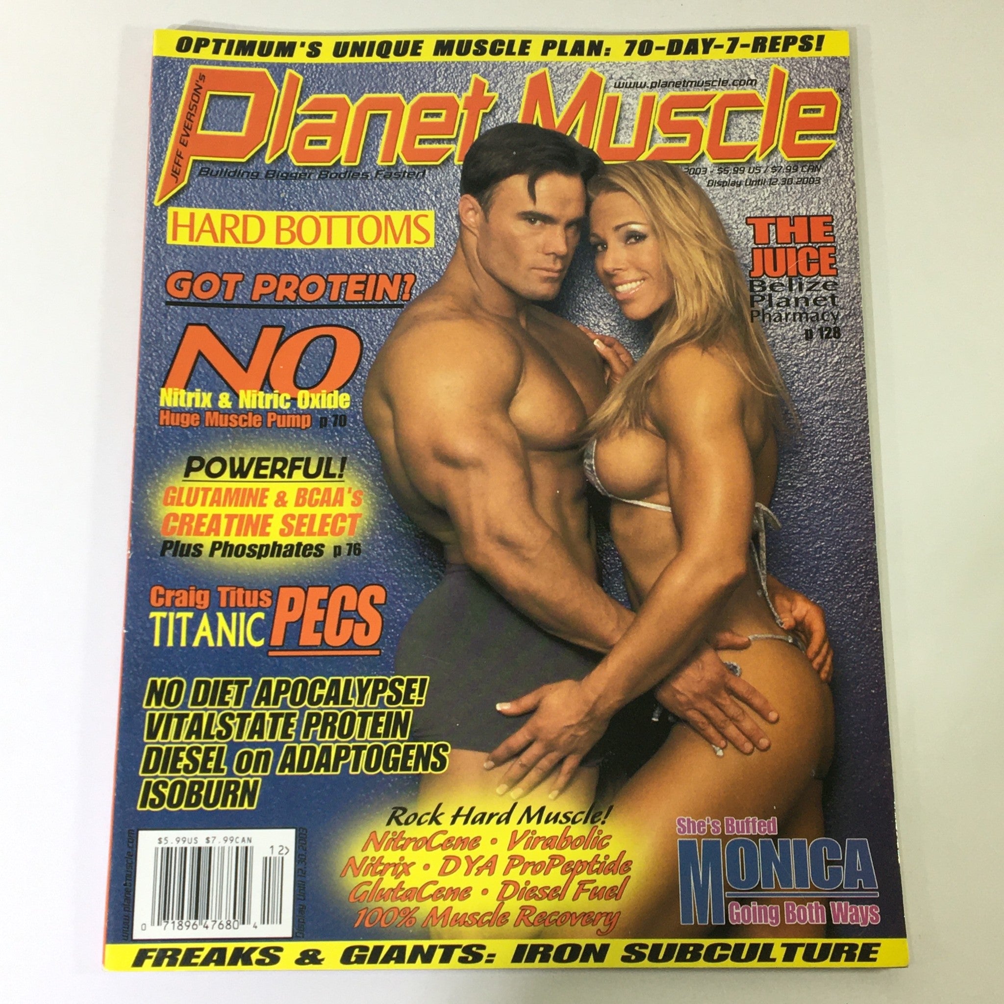 Cover image of Planet Muscle Magazine November December 2003 featuring Monica Brant and a male model, promoting fitness and muscle building with headlines about protein and supplements.