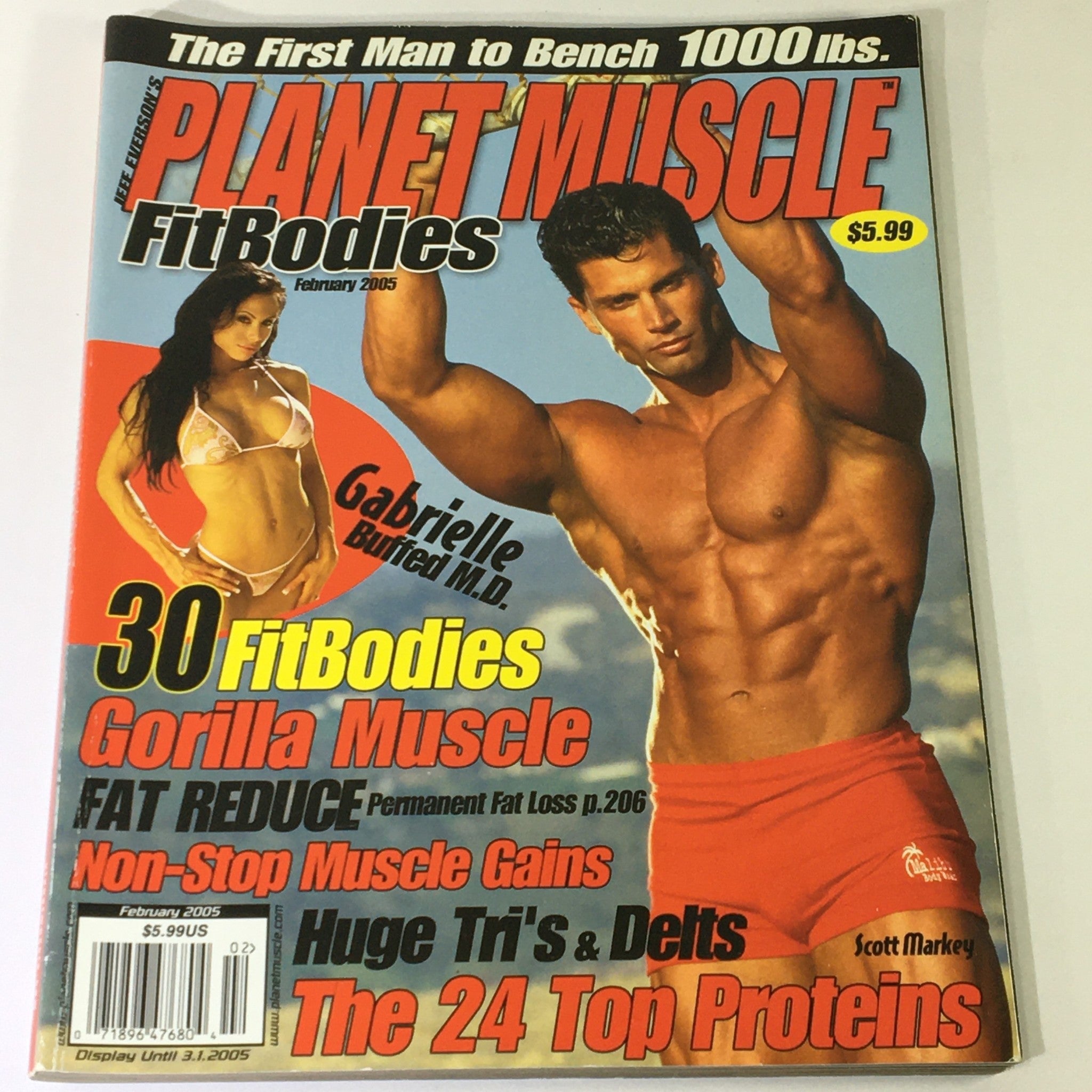 Cover of Planet Muscle Magazine February 2005 featuring fit models and articles on fitness trends, including contributions from Gabrielle Buff M.D. and Scott Markey.