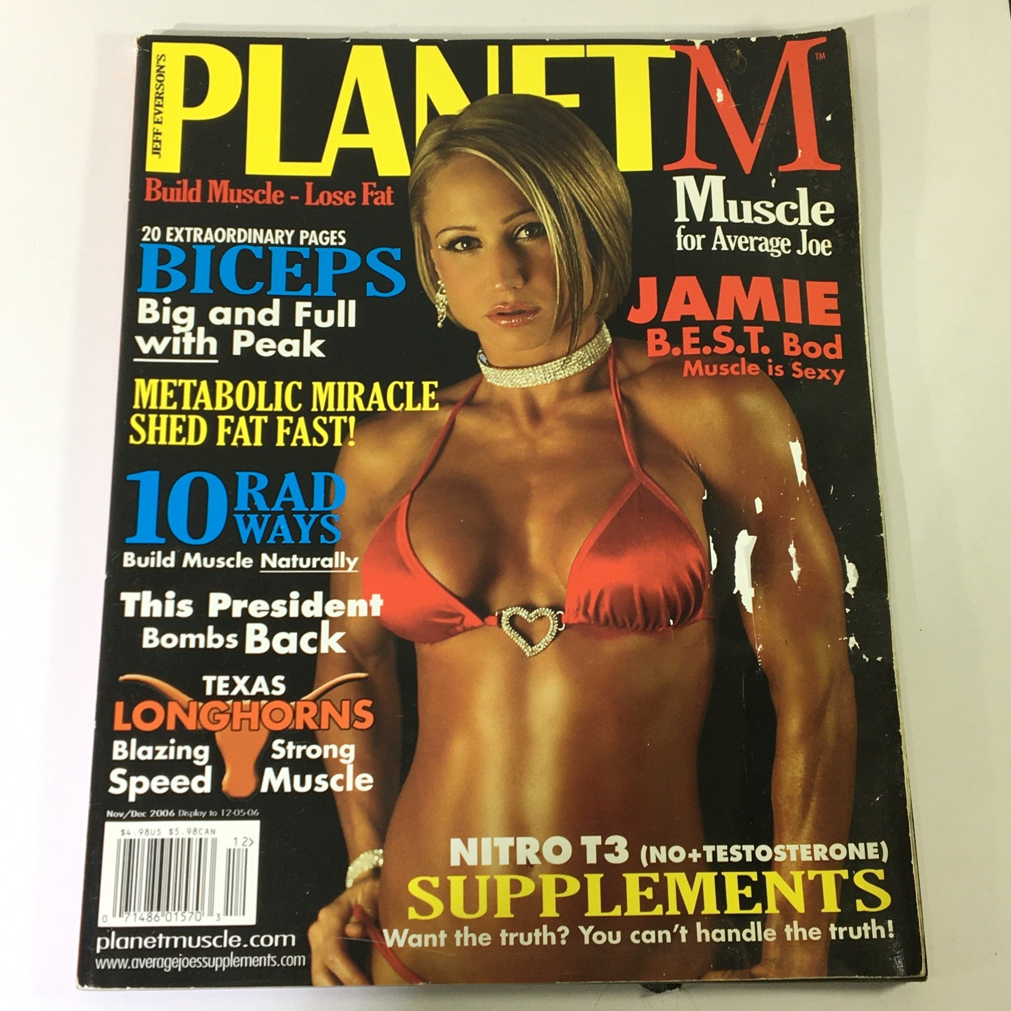 Planet Muscle Magazine November December 2006 featuring Jamie Best on the cover in a red bikini, promoting fitness and muscle culture. This vintage magazine highlights muscle as a symbol of sexiness.
