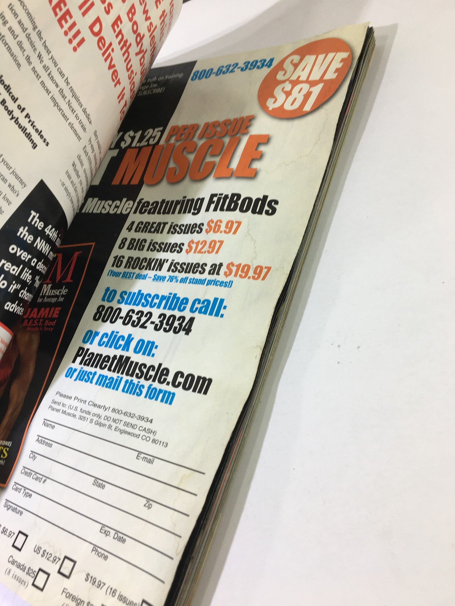 An advertisement page from Planet Muscle Magazine November December 2006 offering subscription options for Muscle featuring FitBods, showing details on pricing and contact information.