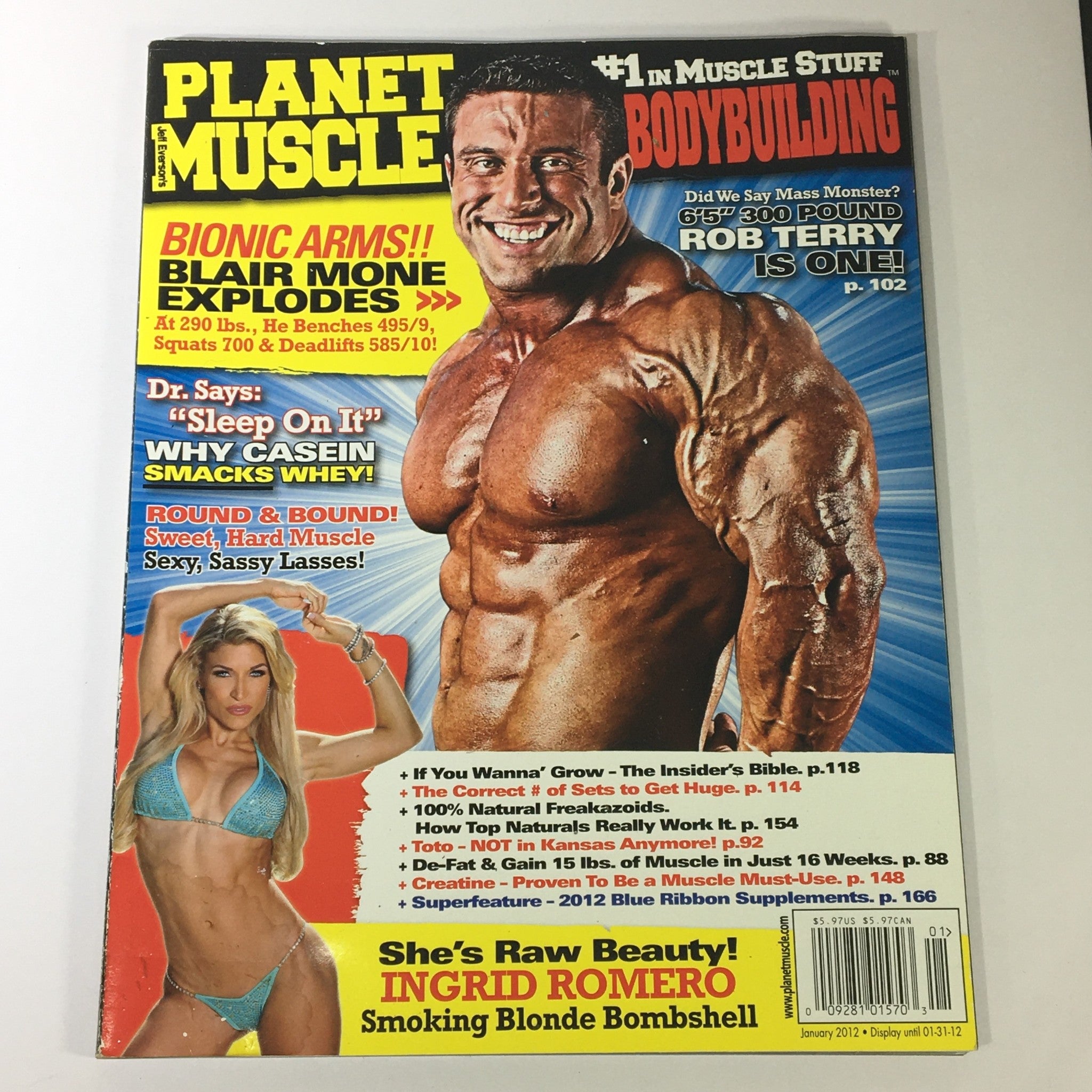 Cover of Planet Muscle Magazine January 2012 featuring bodybuilding icons Ingrid Romero and Rob Terry. The magazine highlights fitness culture with vibrant images and articles.