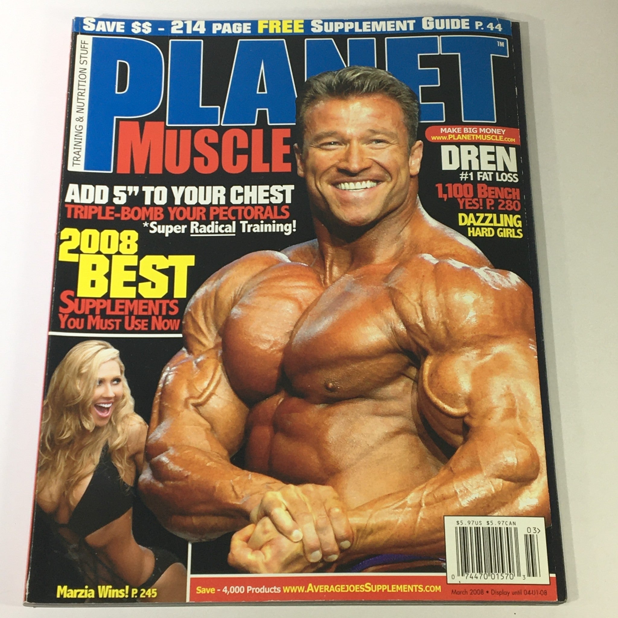 Cover image of Planet Muscle Magazine March 2008 featuring Marzia Prince, with a focus on 2008 Best Supplements, showcasing a muscular man on the front, promoting fitness and bodybuilding.
