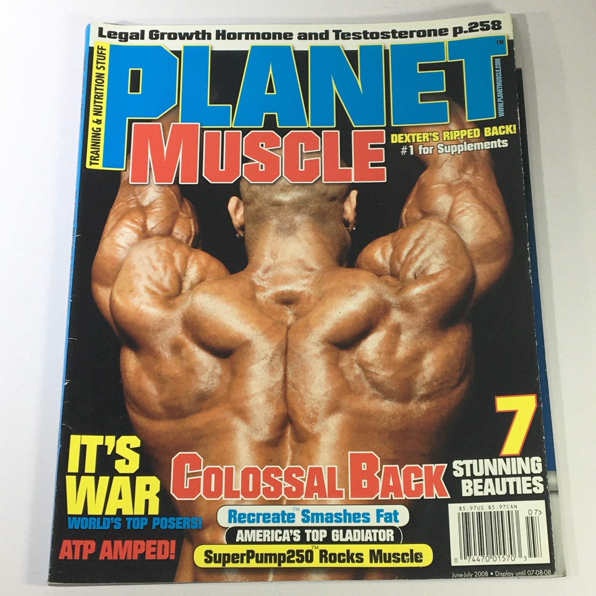 Cover of Planet Muscle Magazine June July 2008 featuring Dexter Jackson showcasing a colossal back, with headlines about training, bodybuilding supplements, and stunning beauty athletes.