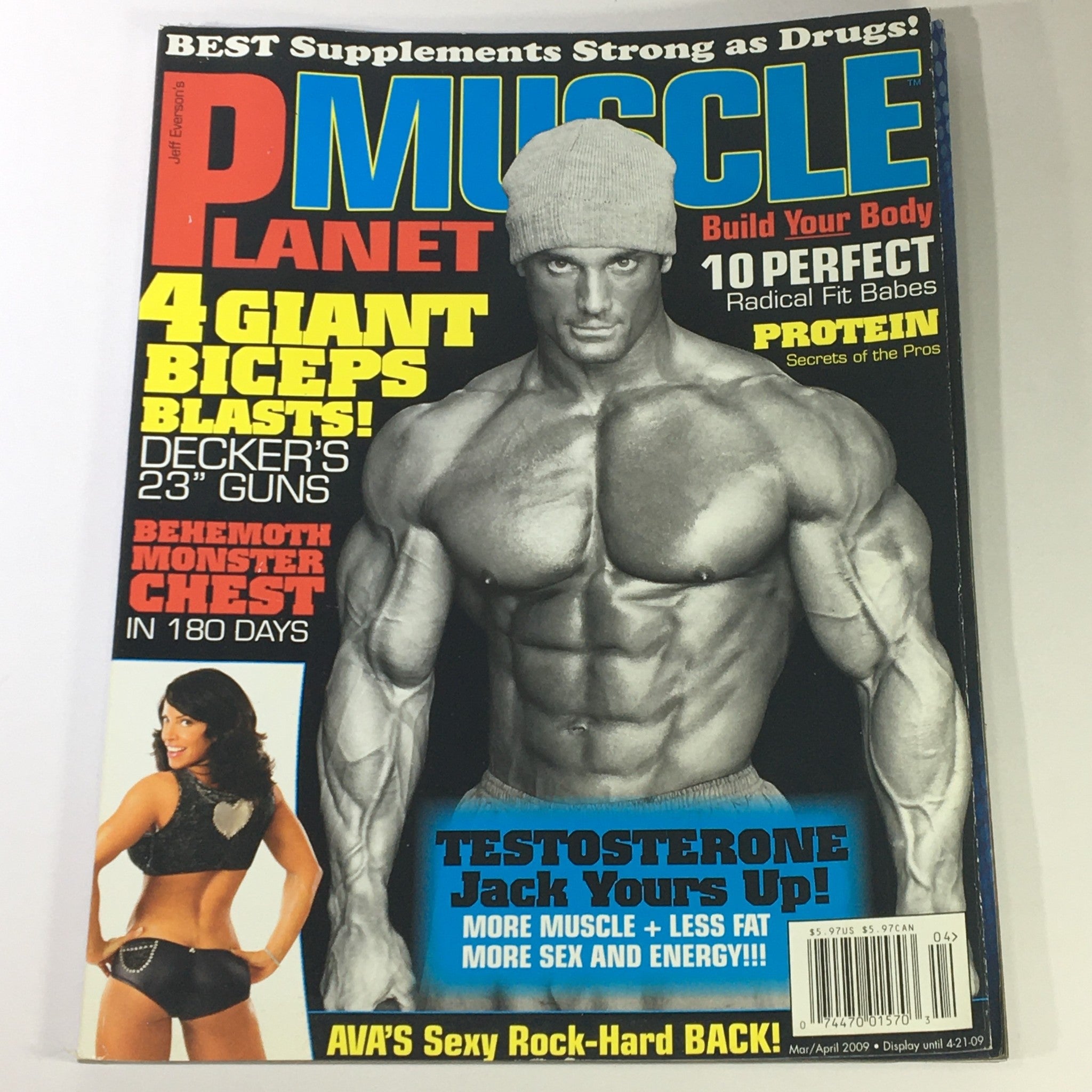 Cover of Planet Muscle Magazine March-April 2009 featuring Decker's impressive 23" biceps and Ava's alluring back, showcasing fitness culture.