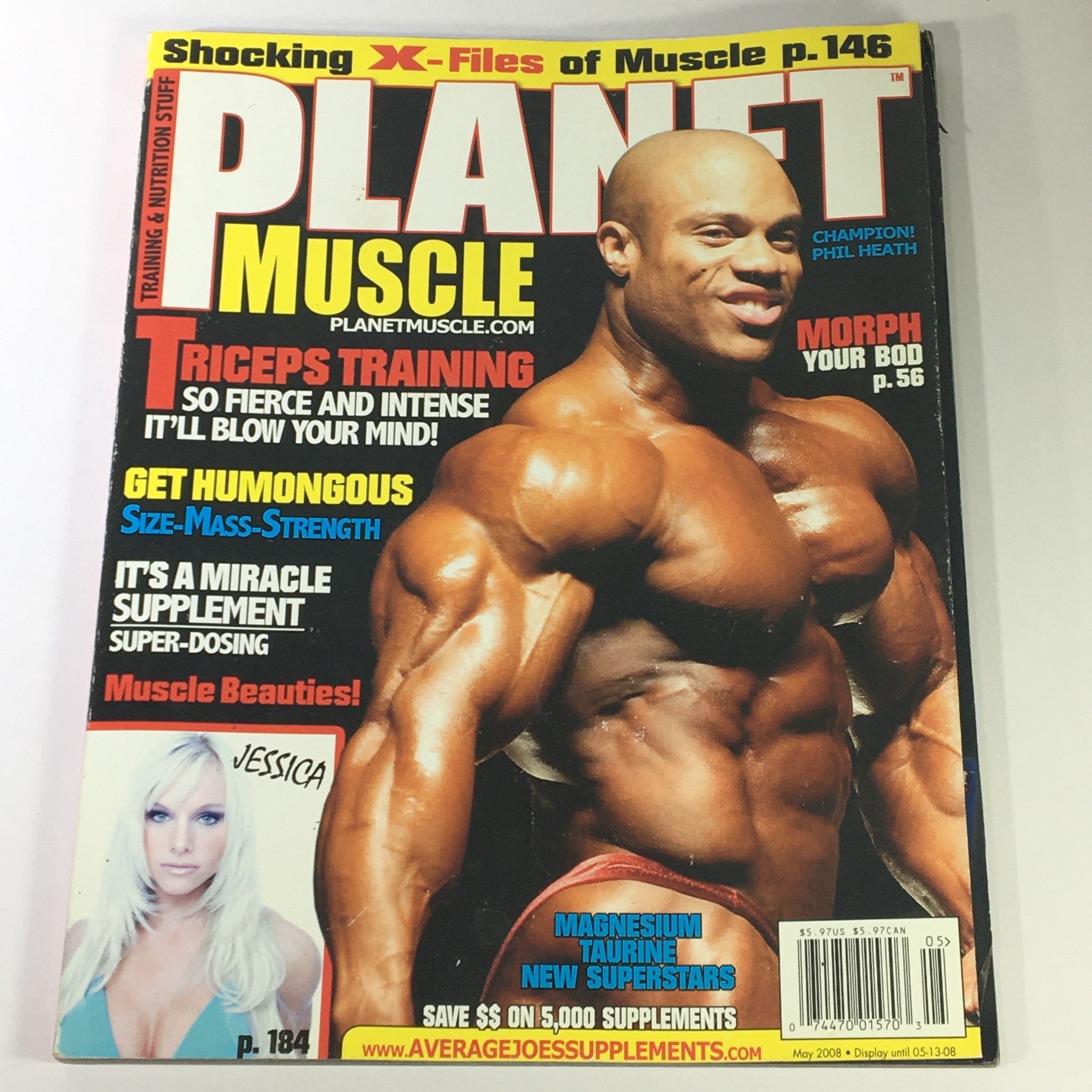 Planet Muscle Magazine May 2008 featuring bodybuilding champion Phil Heath on the cover, alongside Muscle Beauty Jessica. This vintage magazine showcases a strong fitness culture and highlights the dedication of athletes.