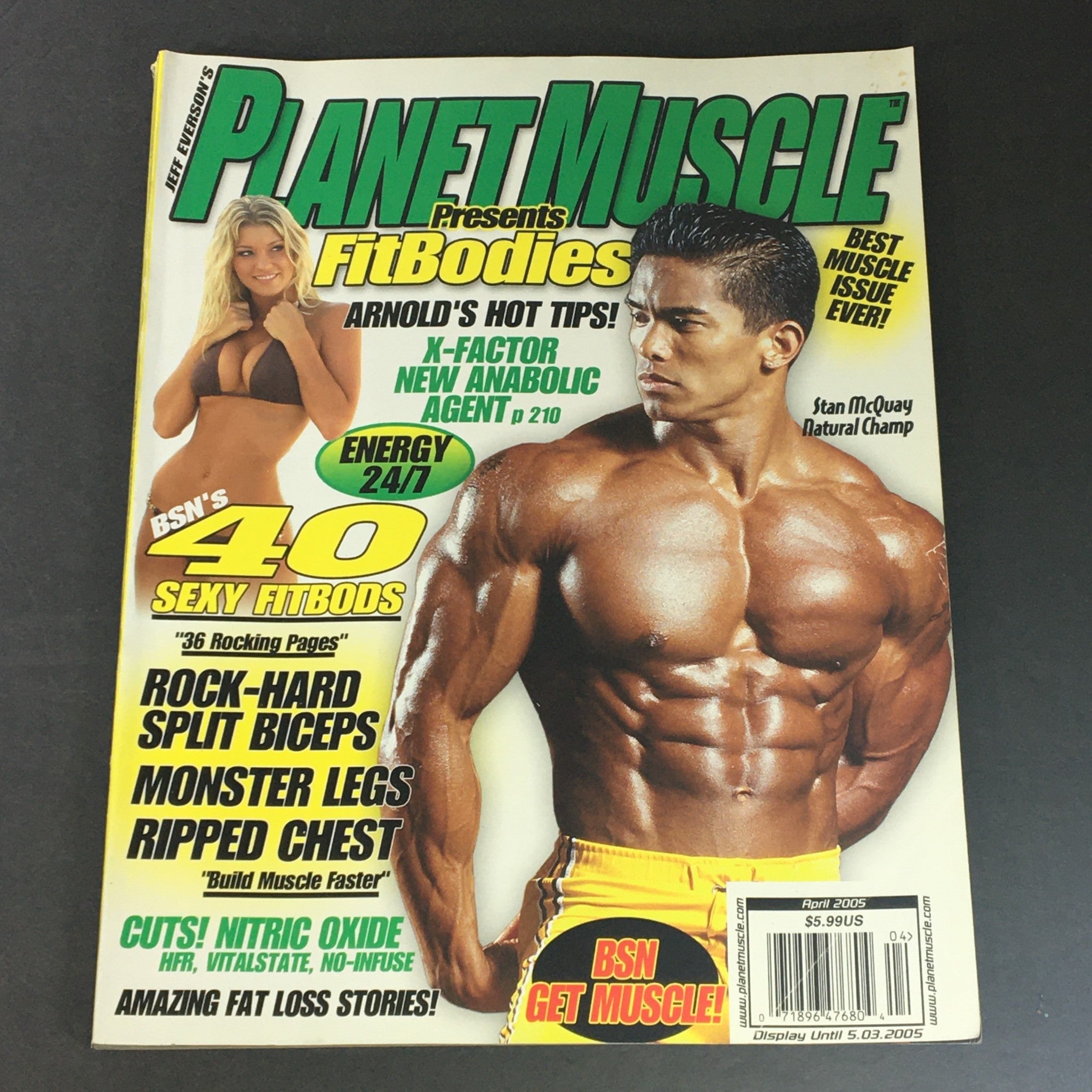 Cover of Planet Muscle Presents FitBodies April 2005 featuring Stan McQuay and 40 Sexy FitBods, highlighting fitness tips and bodybuilding techniques.