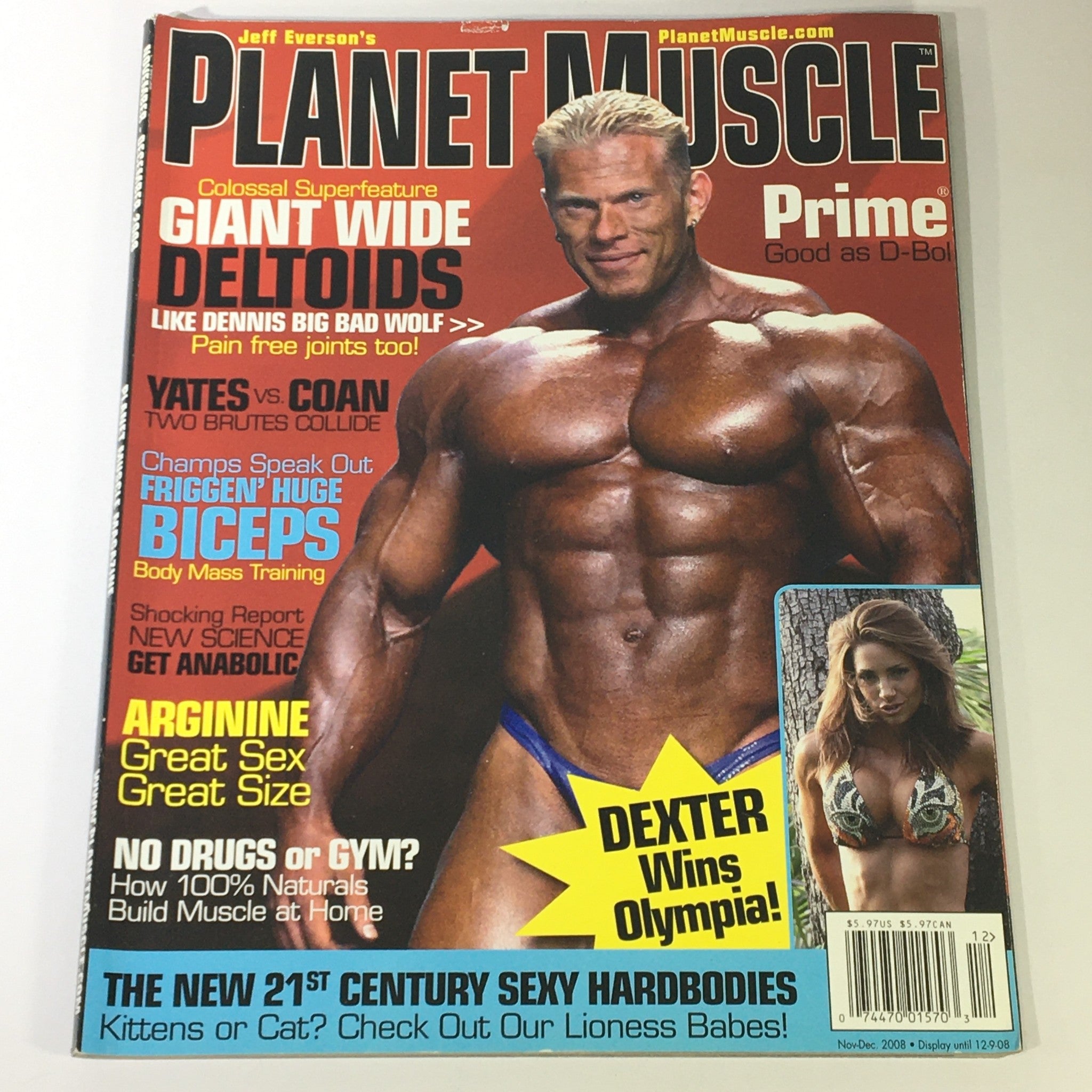 Cover of Planet Muscle Magazine November December 2008 featuring Dorian Yates, Ed Coan, and Dexter Jackson, highlighting key bodybuilding topics such as muscle development and fitness.