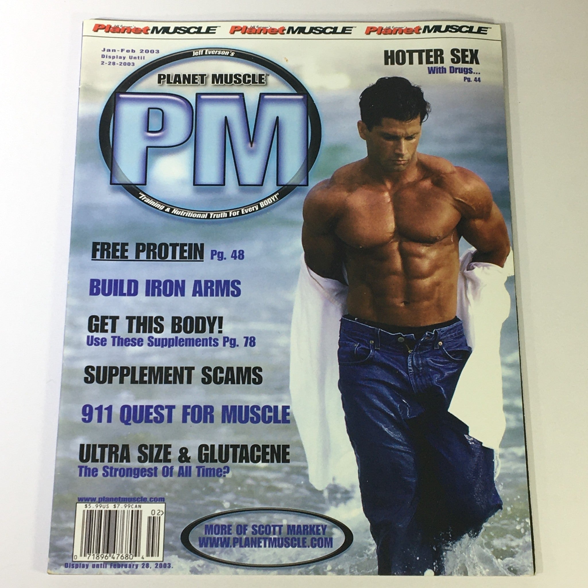 Cover of Planet Muscle Magazine February 2003 featuring Scott Markey, showcasing fitness tips and insights on bodybuilding culture from the early 2000s.