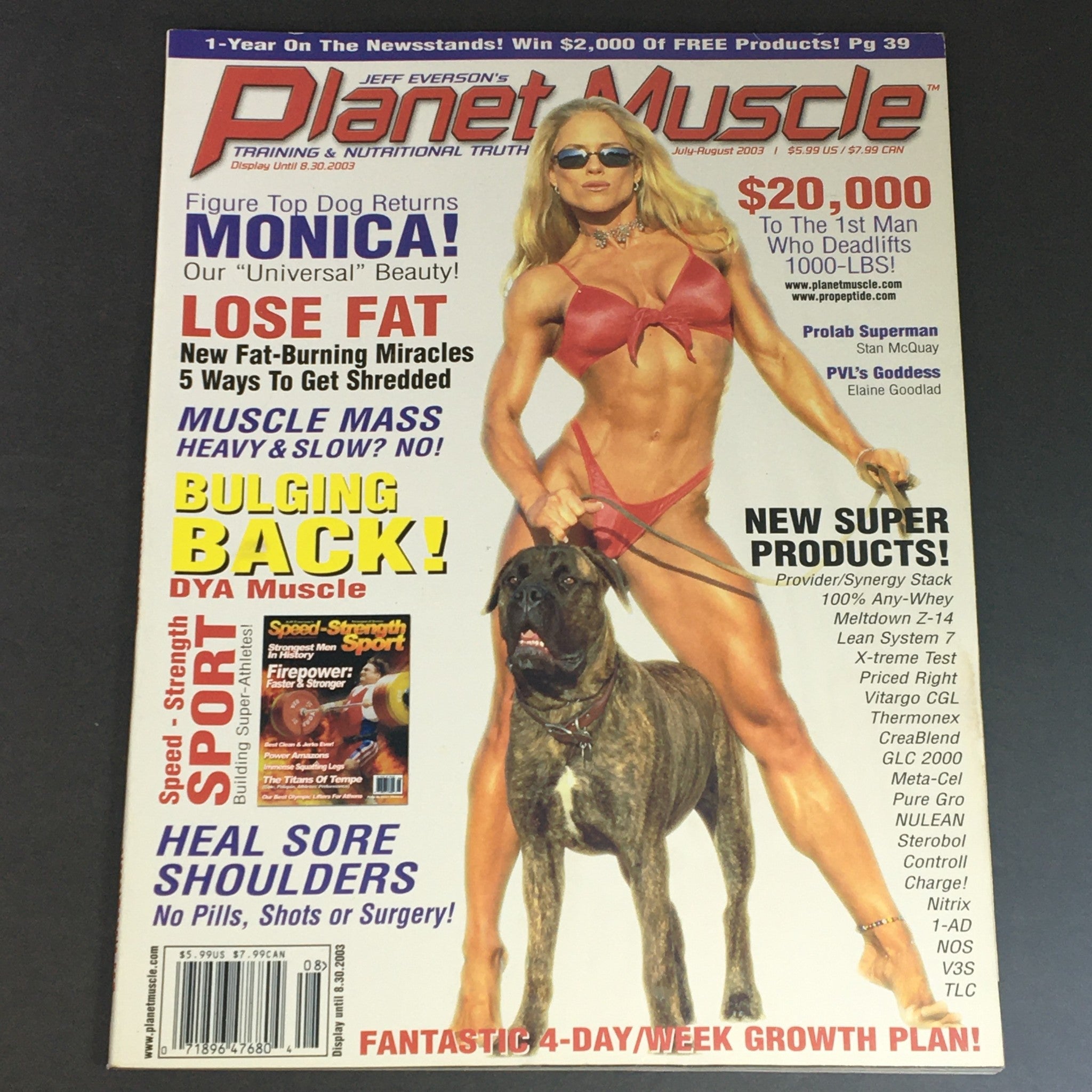Cover of Planet Muscle Magazine July August 2003 featuring Monica, depicted as our 'Universal' Beauty, showcasing fitness culture and bodybuilding trends.