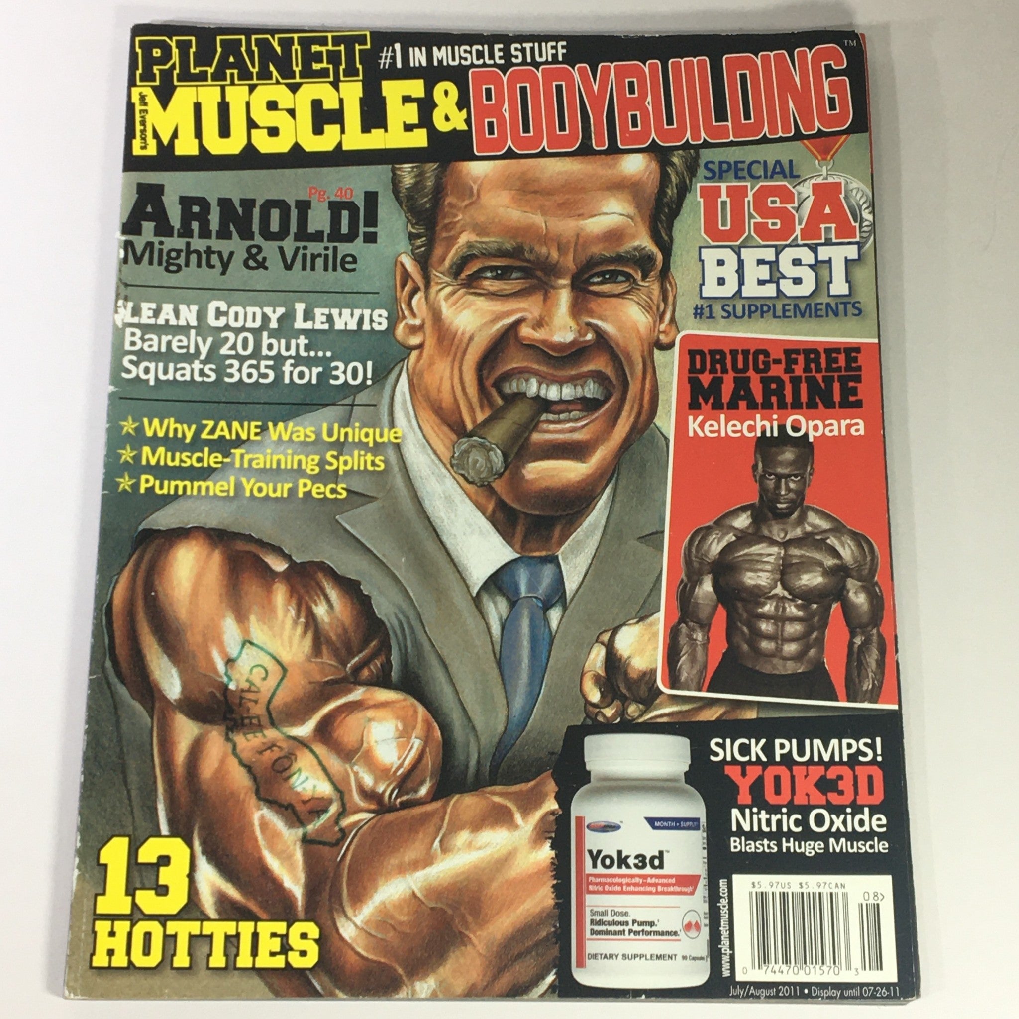 Cover of Planet Muscle & Bodybuilding magazine, July August 2011, featuring Arnold Schwarzenegger and Kelechi with details about muscle training, supplements, and fitness tips.