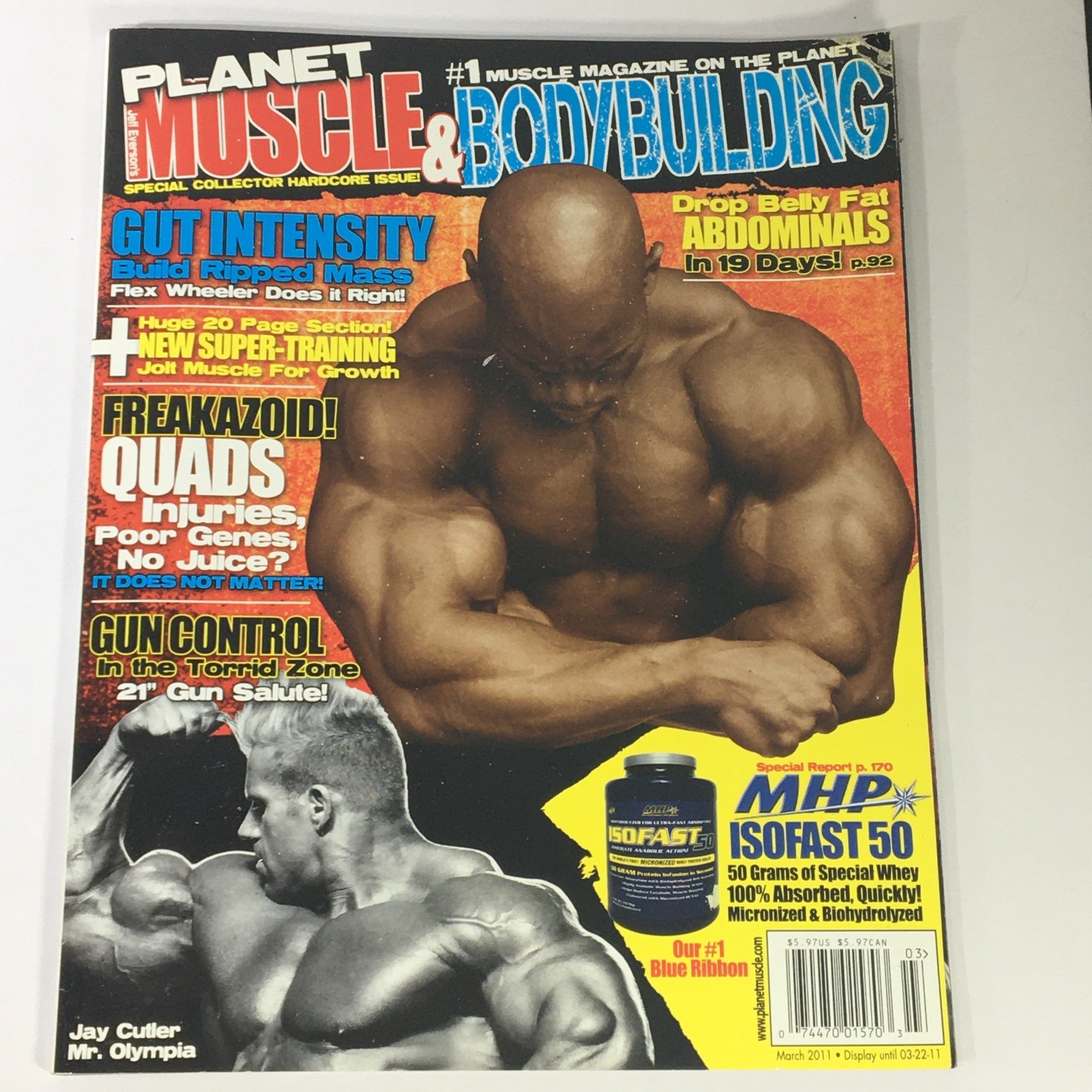 Planet Muscle & Bodybuilding magazine cover from March 2011 featuring Jay Cutler, Mr. Olympia winner, along with articles on bodybuilding, gut intensity, and training techniques.