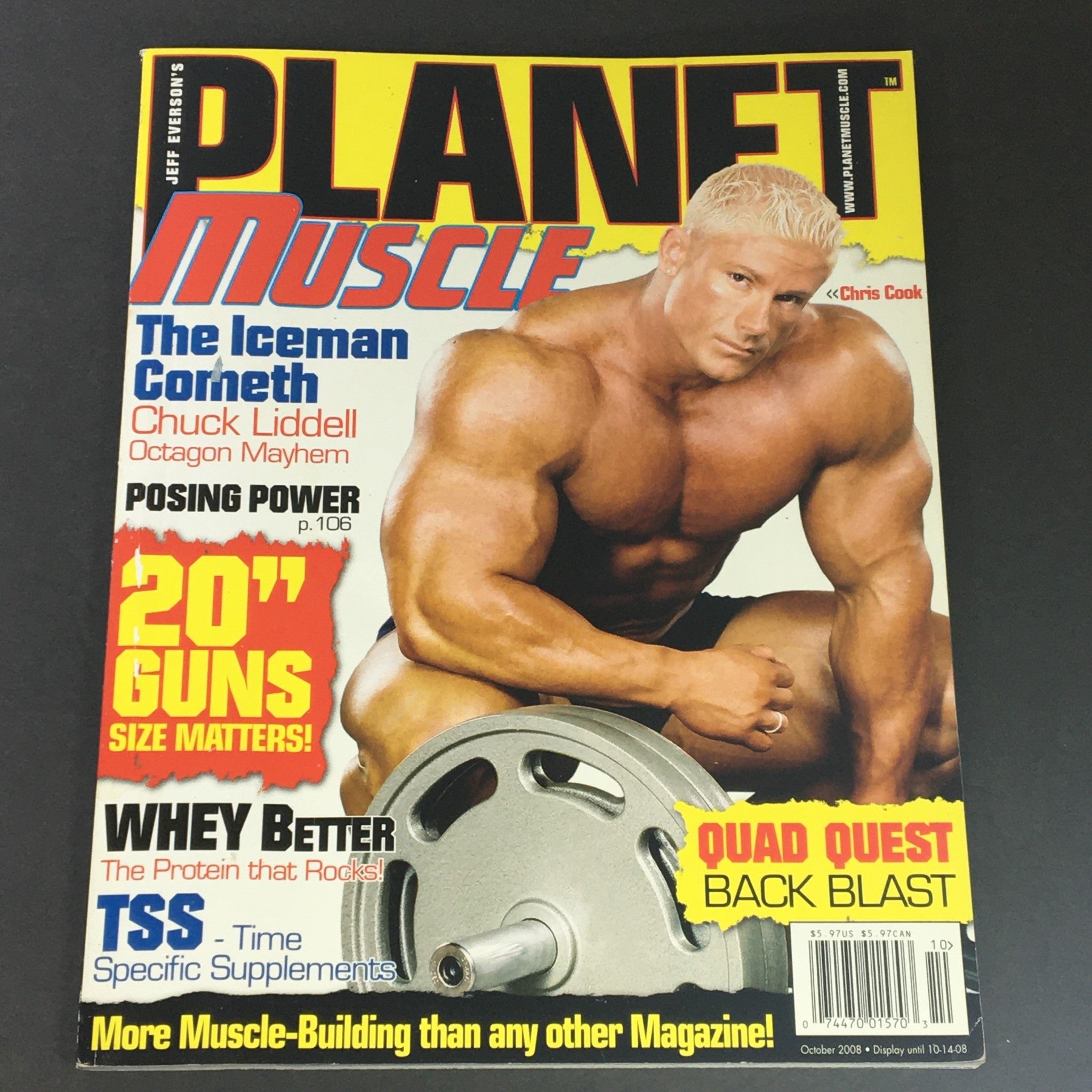 Cover of Planet Muscle Magazine, October 2008 featuring Chuck Liddell, known as 'The Iceman,' showcasing his athleticism with a focus on posing power in MMA, highlighting articles on mixed martial arts and a nostalgic look back at a pivotal era in the sport.