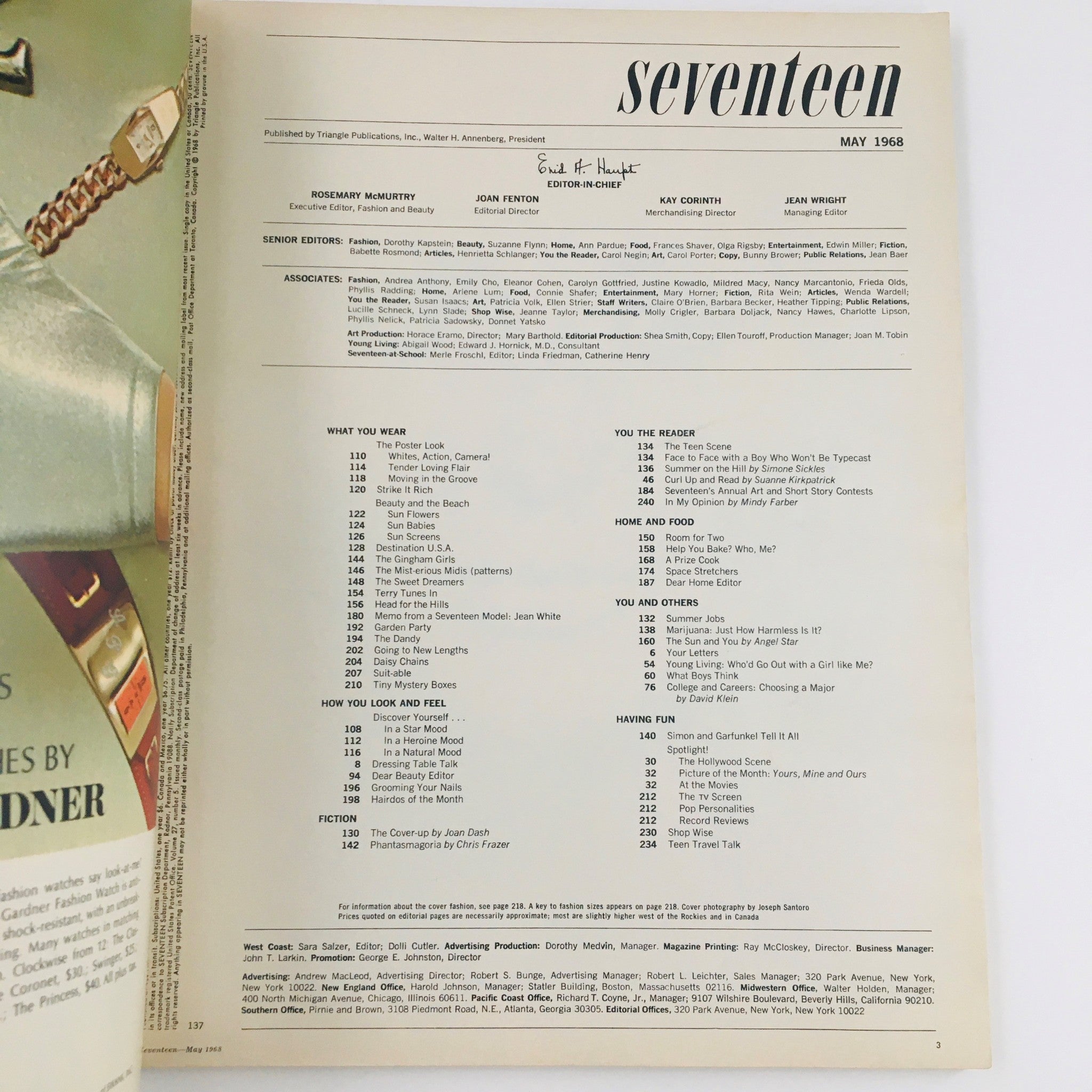Seventeen Magazine May 1968 featuring the Table of Contents, offering a glimpse into the articles and themes of this vintage issue.