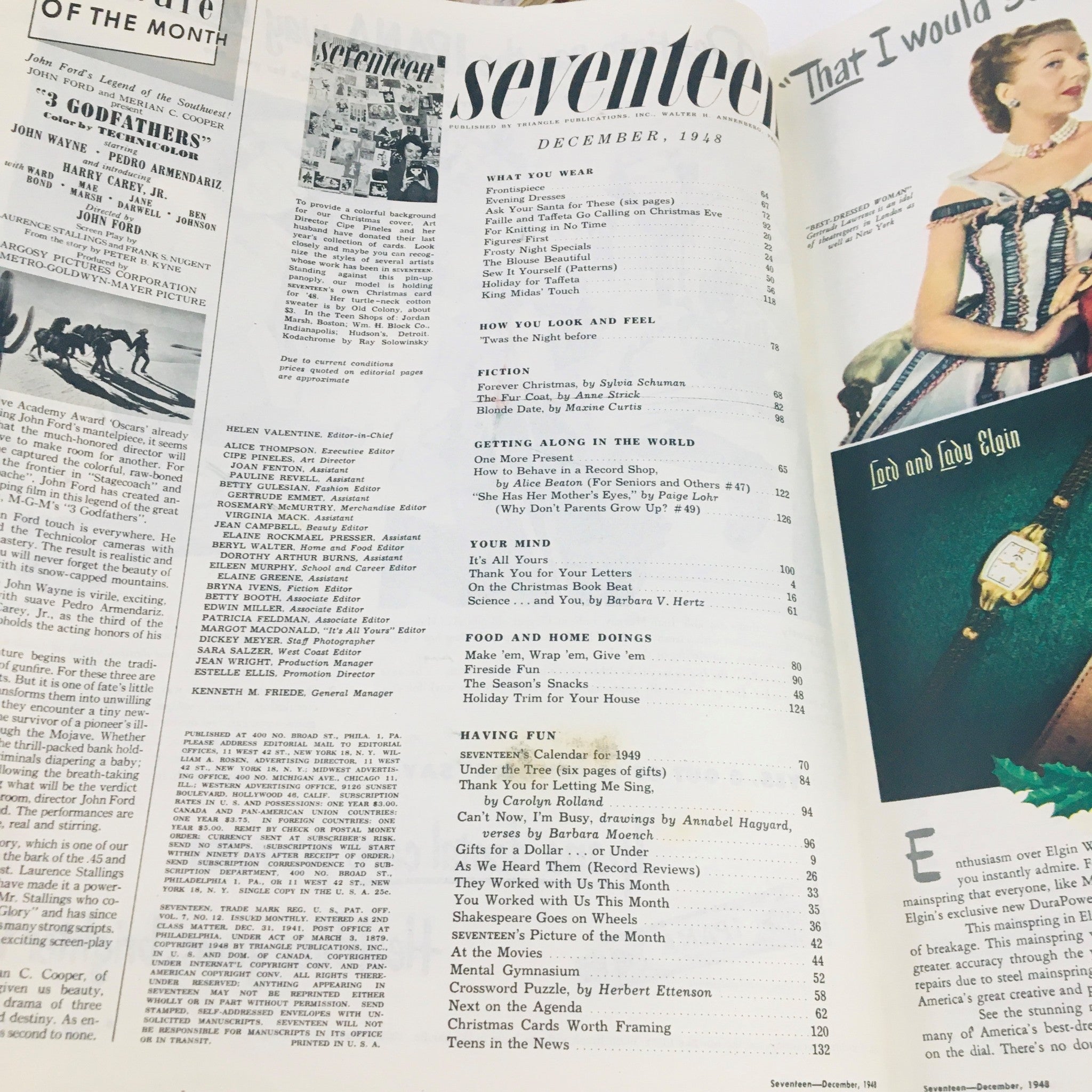 Inside spread of Seventeen Magazine December 1948, displaying the table of contents alongside editorial notes, offering a glimpse into the magazine's vintage layout and content.