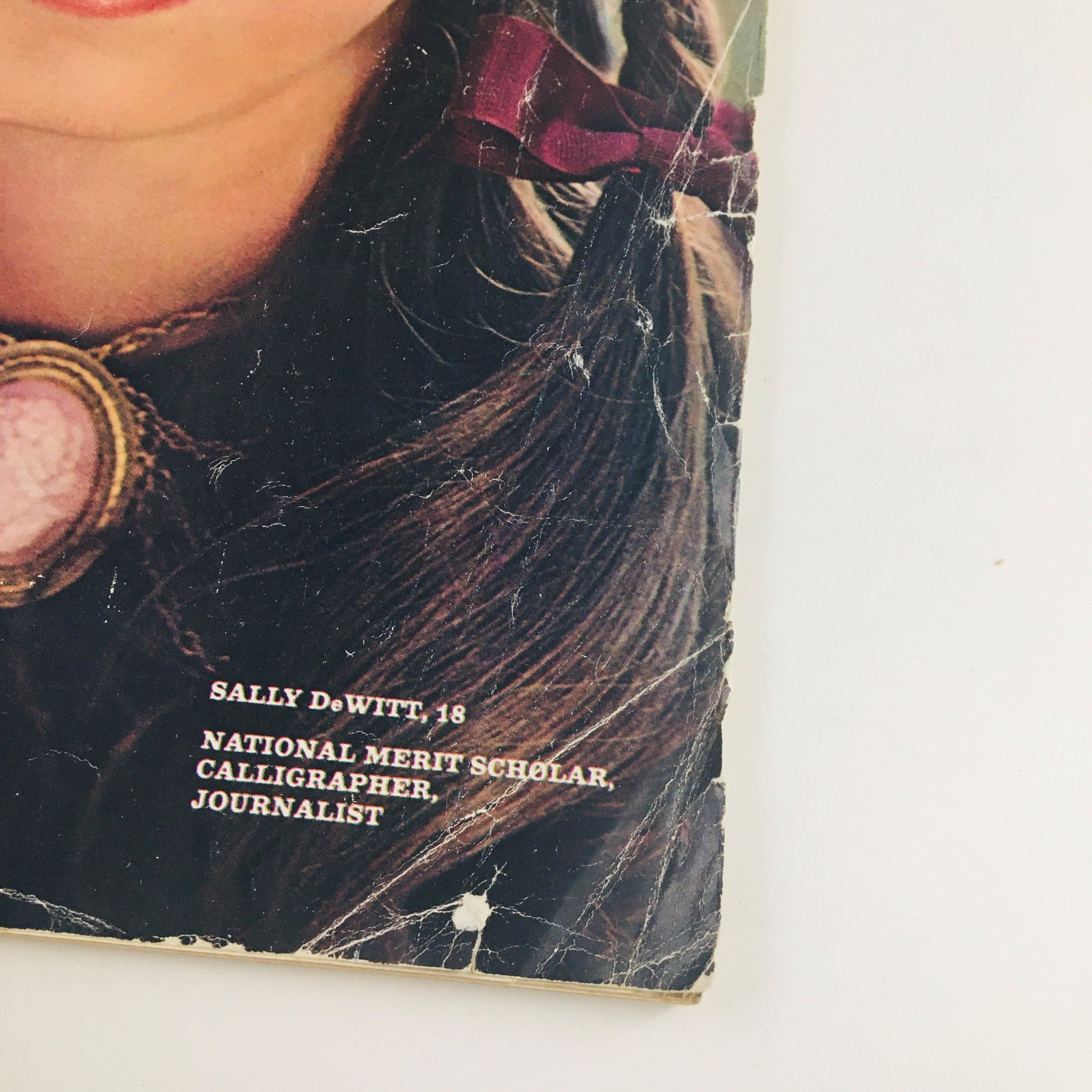 Close-up of the Seventeen Magazine January 1971 cover highlighting Sally DeWitt's name, emphasizing her role as a calligrapher and journalist.