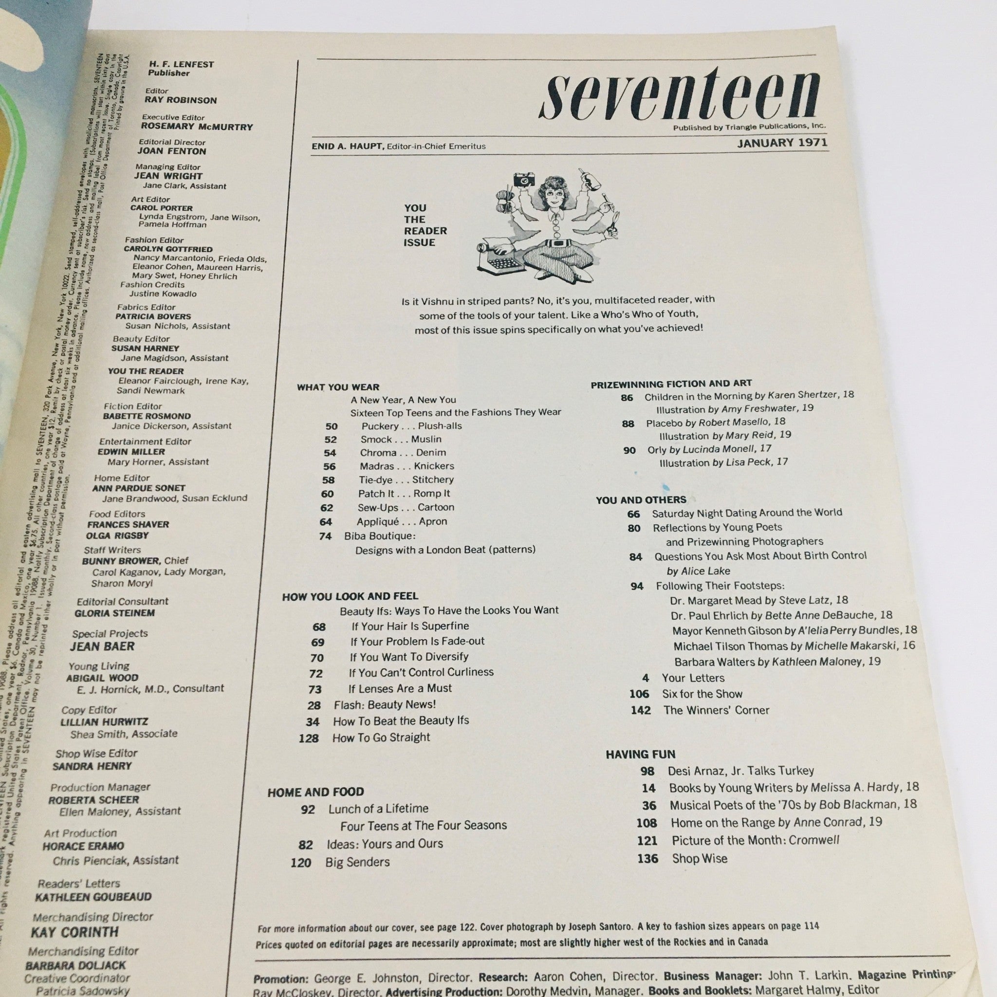 Table of contents page from Seventeen Magazine January 1971, outlining articles and features.