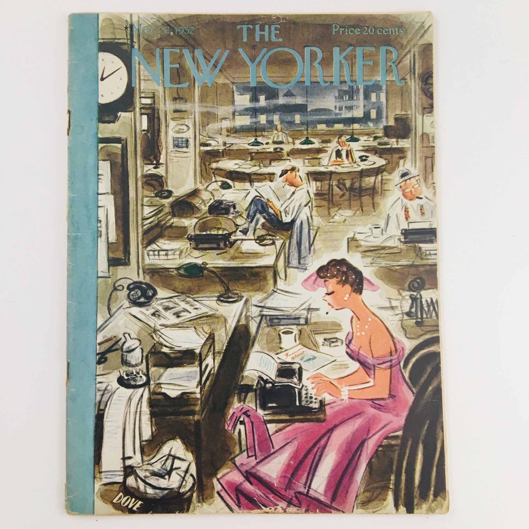 The New Yorker Magazine March 22 1952 Cover by Leonard Dove featuring an illustrated office scene with a woman typing at a desk, set in a vintage newsroom.