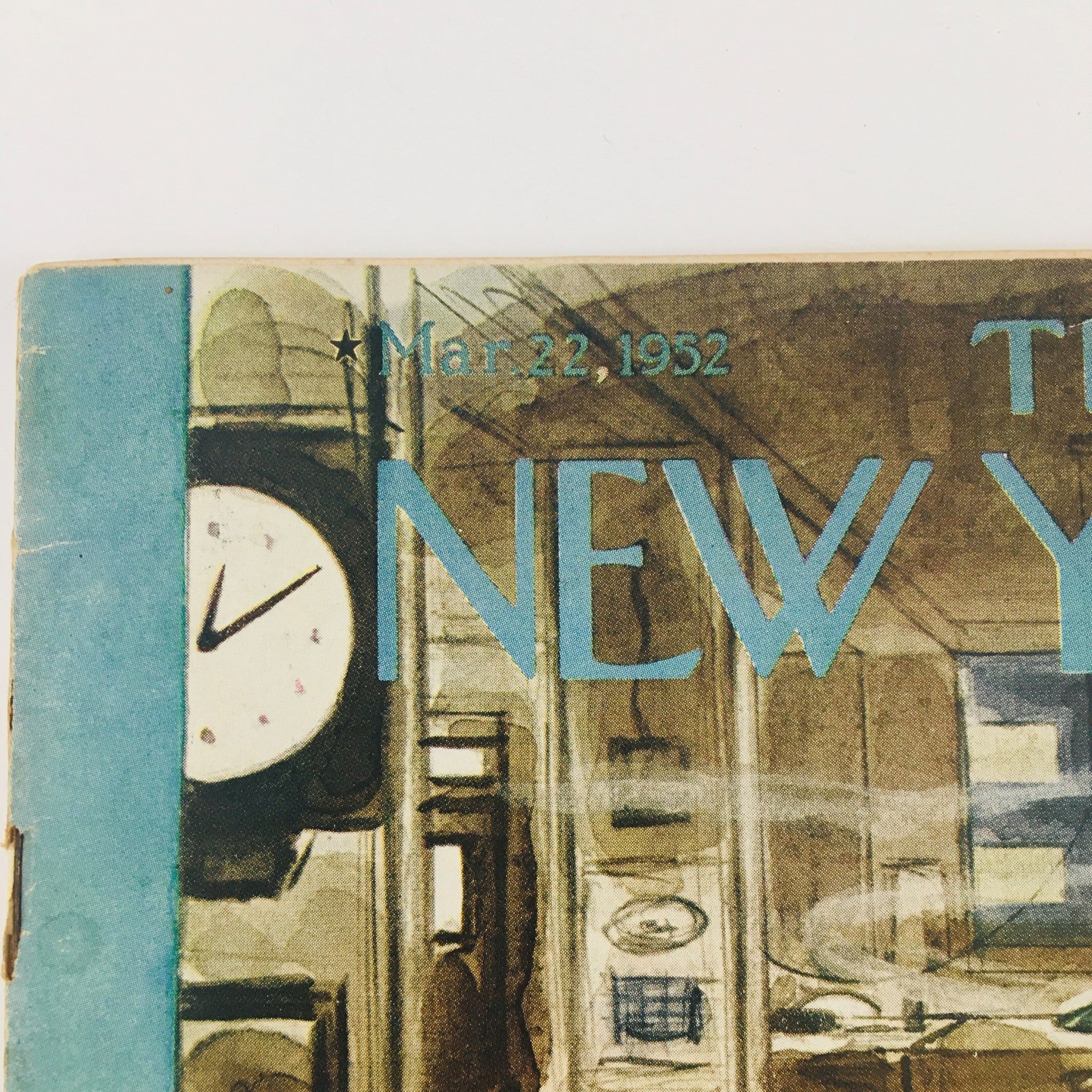 Close-up of The New Yorker Magazine March 22 1952 Cover by Leonard Dove showcasing the magazine's title and date, depicting a nostalgic office environment.