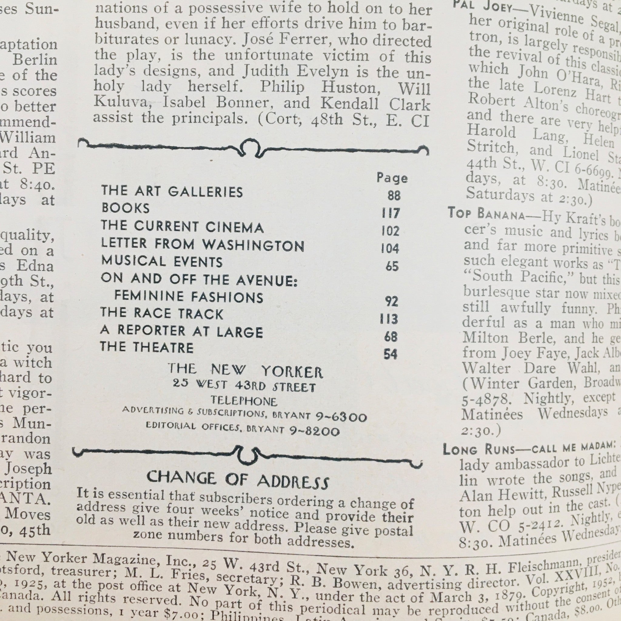 Inside page of The New Yorker Magazine March 22 1952 with content list including art galleries, current cinema, and theatre events, featuring vintage typography.