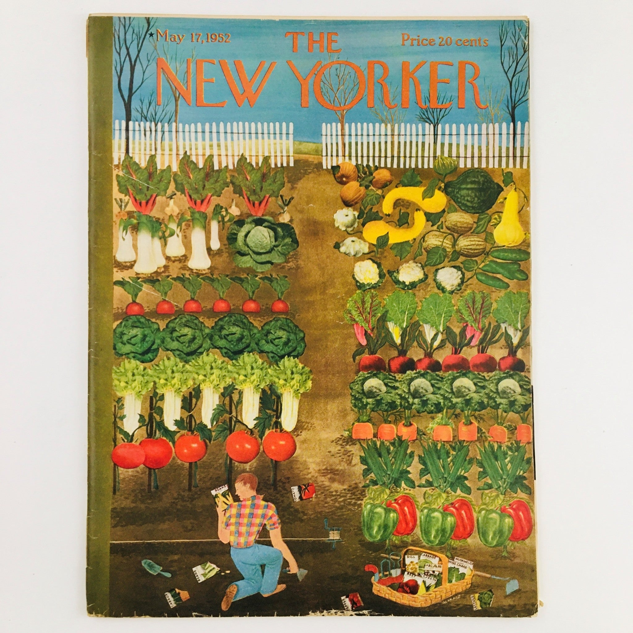 The New Yorker Magazine May 17 1952 cover illustrated by Ilonka Karasz featuring a vibrant garden scene with vegetables and a man tending to the plants.