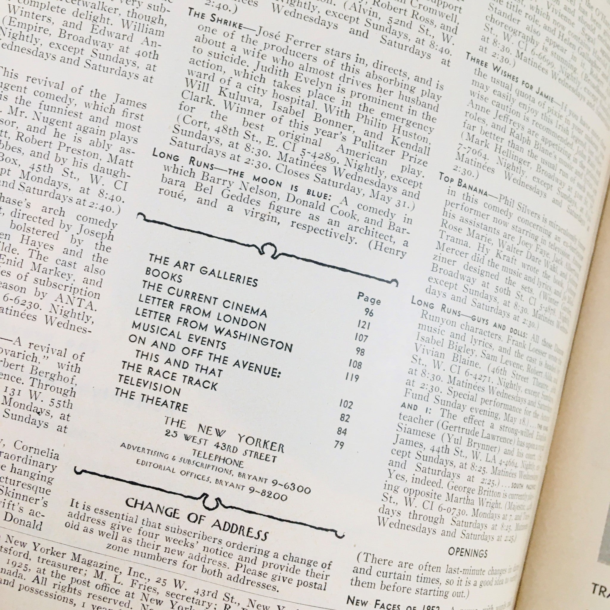 The New Yorker Magazine May 17 1952 includes an interior page featuring contents, details about the arts, cinema, books, and advertisements from the era. This page highlights the cultural richness of the 1950s, making it a valuable addition for collectors.