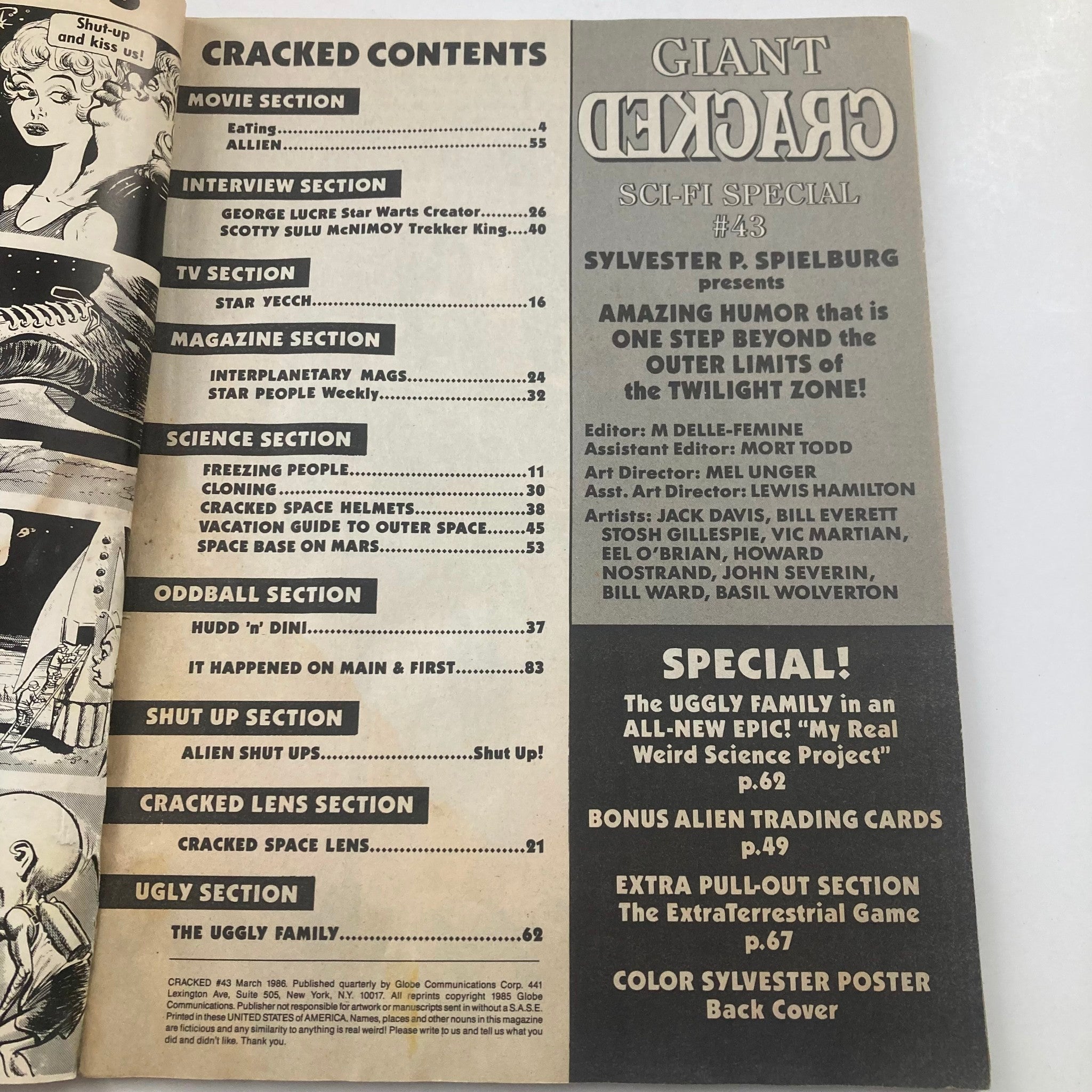 Giant Cracked Sci-Fi Special March 1986 #43 contents page featuring sections on various sci-fi themes and characters, including a humorous take on the genre.