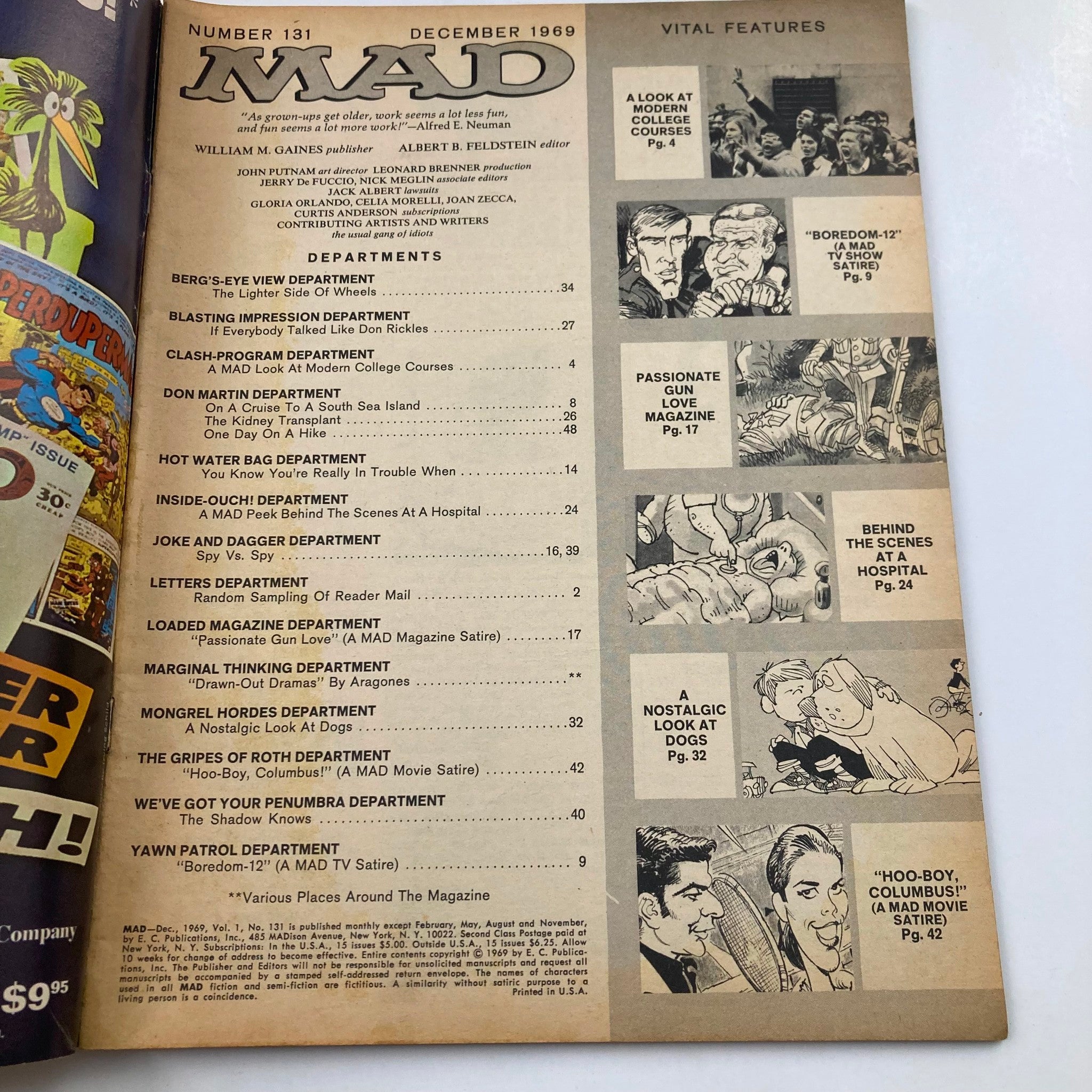 Mad Magazine December 1969 No. 131 Boredom-12 Movie Satire 6.0 FN Fine No Label