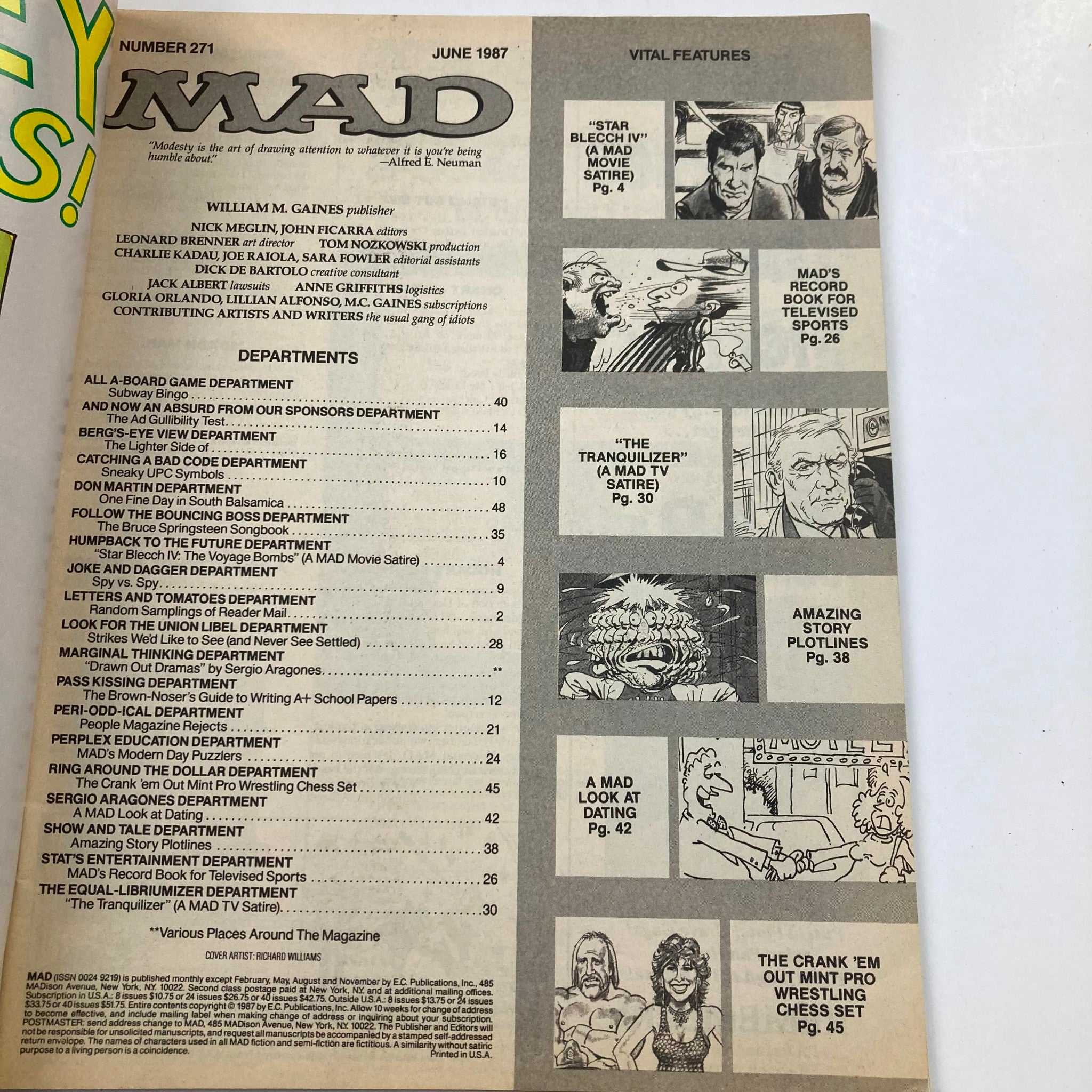 Mad Magazine June 1987 No. 271 Star Trek IV & The Equalizer 6.0 FN Fine No Label