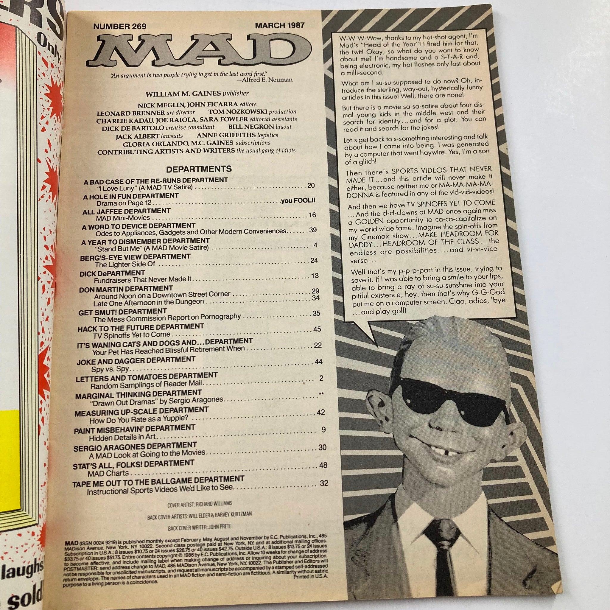 Mad Magazine March 1987 No. 269 Alfred E. Headroom 6.0 FN Fine No Label