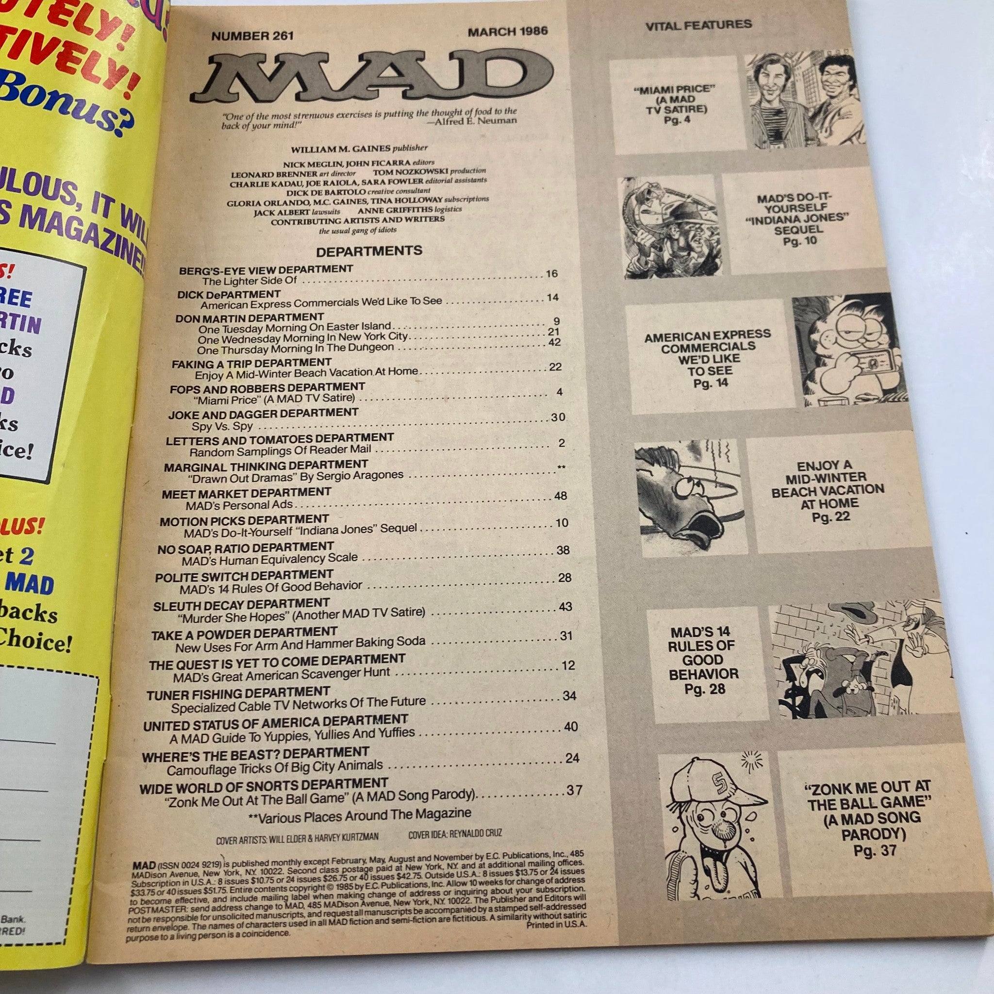 Mad Magazine March 1986 No. 261 Miami Vice Me Worry 6.0 FN Fine No Label