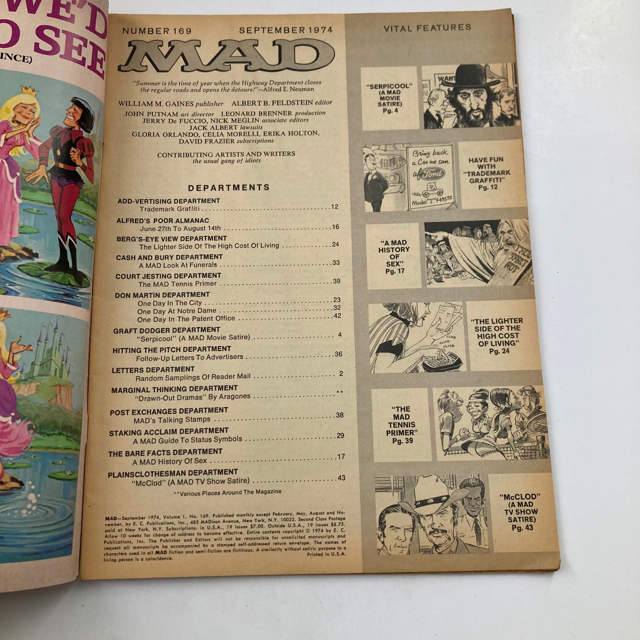 Mad Magazine September 1974 No. 169 Serpicool Movie Satire 2.0 GD Good No Label