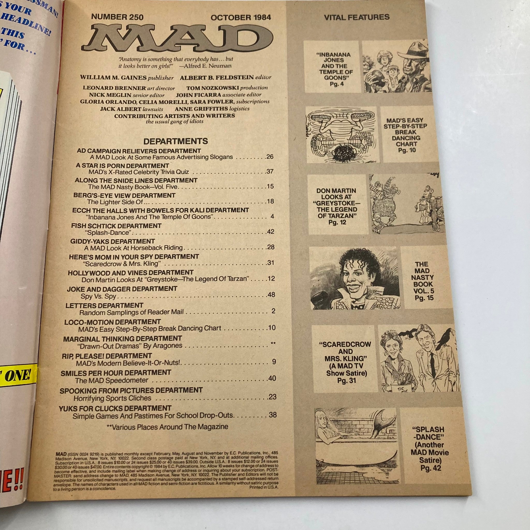 Mad Magazine October 1984 No. 250 Alfred as Indiana Jones 6.0 FN Fine No Label