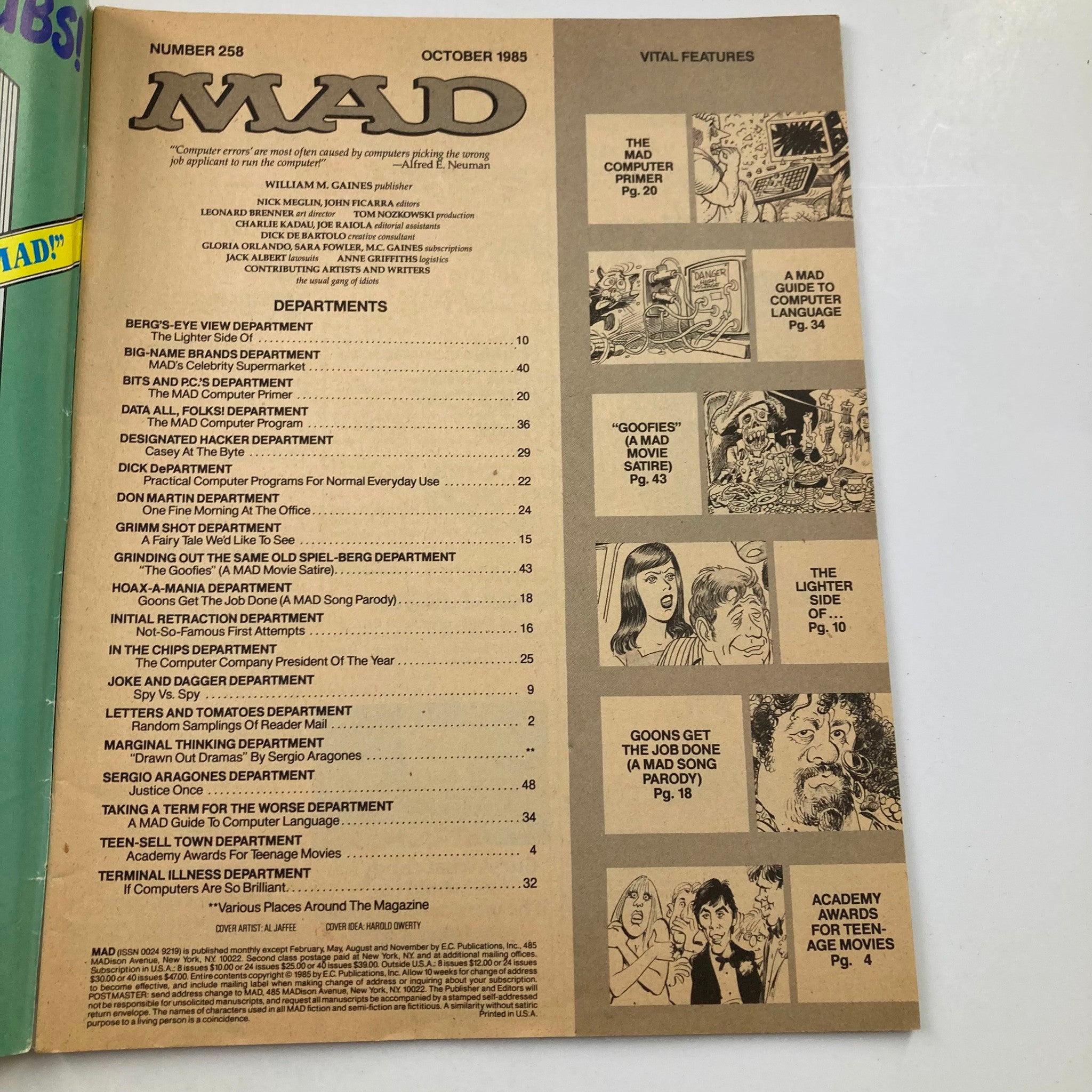 Mad Magazine October 1985 No. 258 Mad Computer Program 6.0 FN Fine No Label