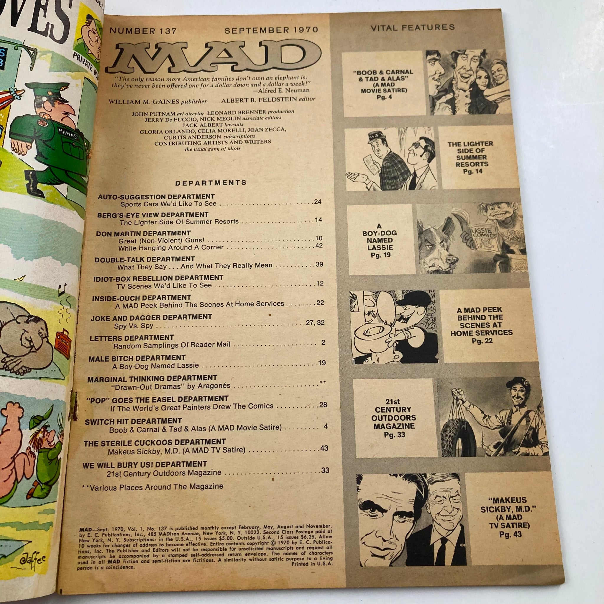 Mad Magazine September 1970 No. 137 Boob, Carnal, Tad Alas 6.0 FN Fine No Label