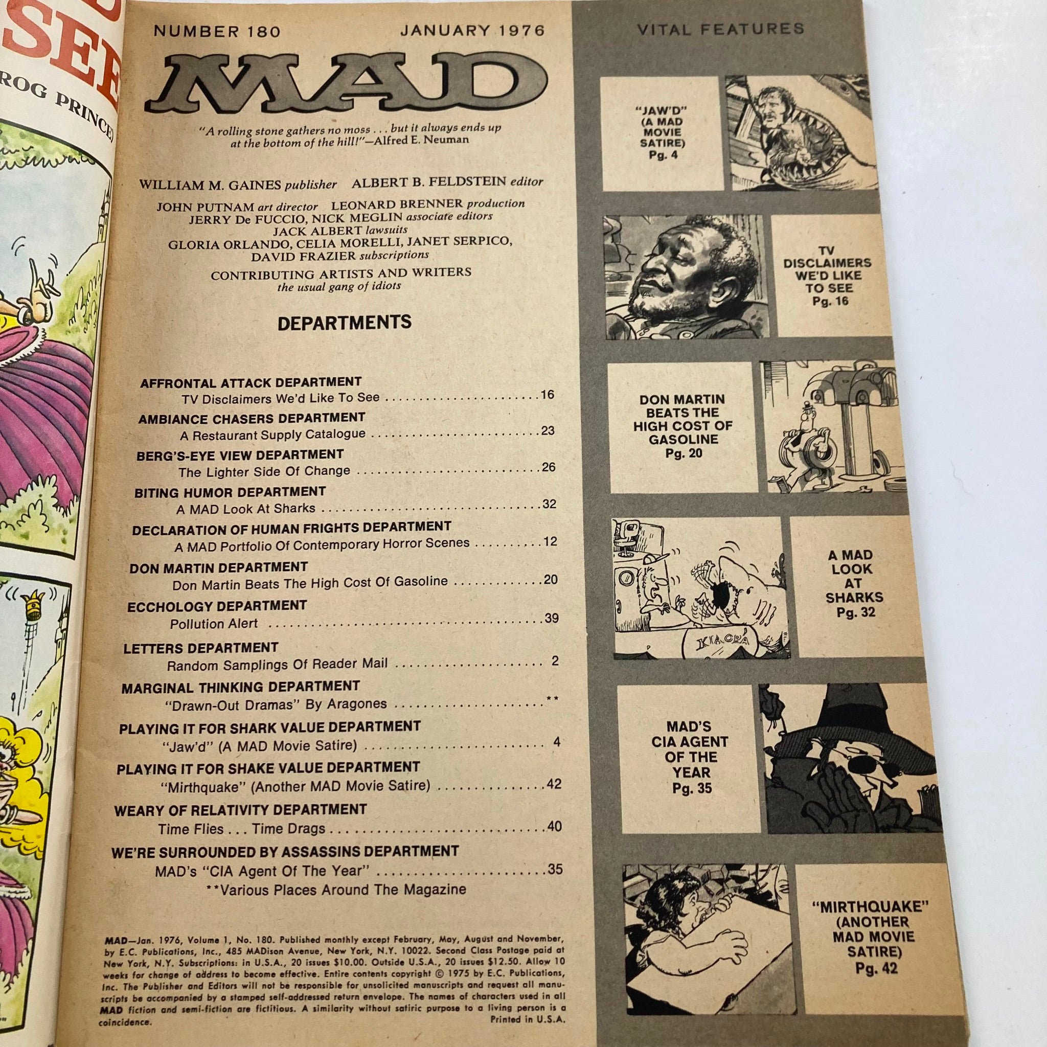 Mad Magazine January 1976 No. 180 Jaw'D Movie Satire 6.0 FN Fine No Label