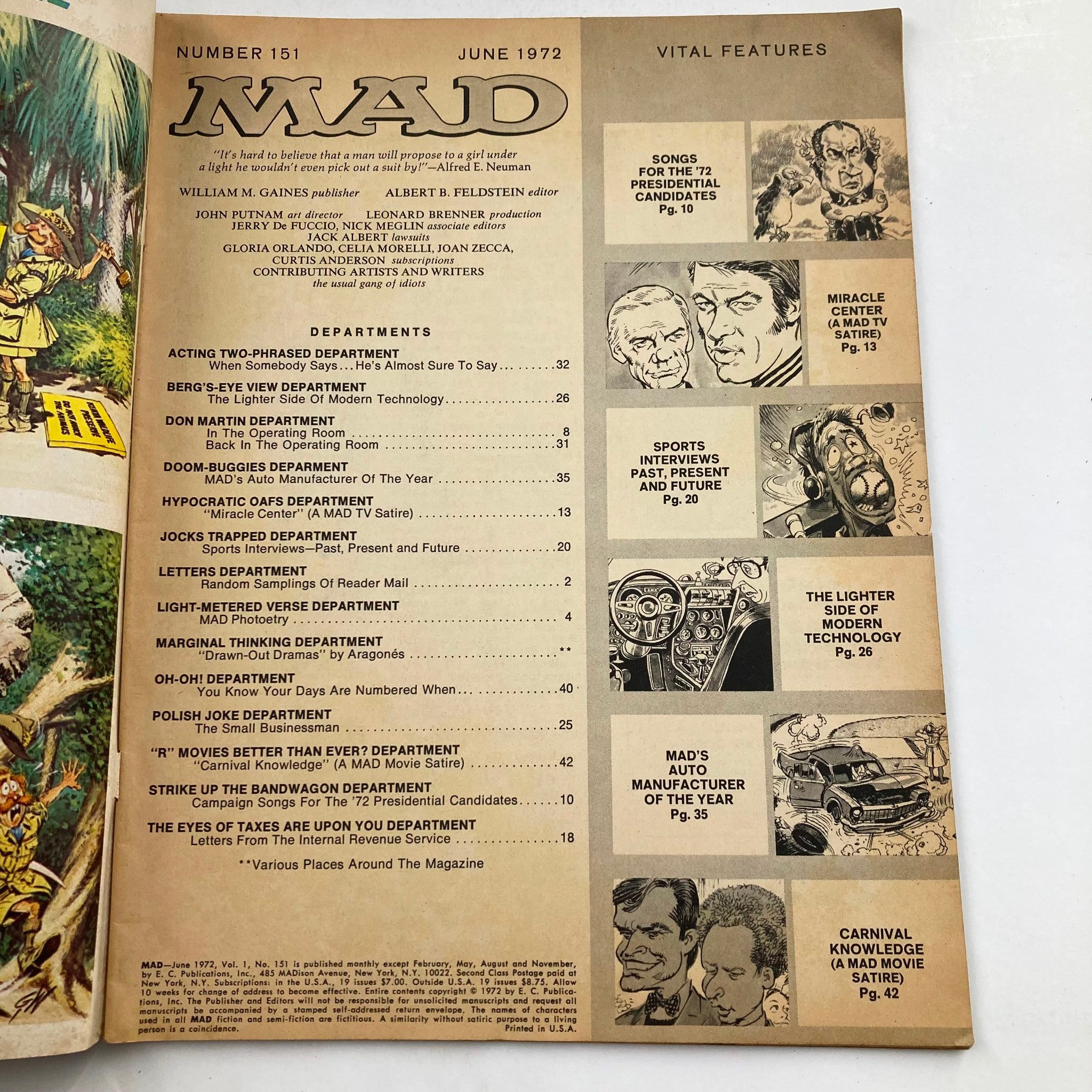 Mad Magazine June 1972 No. 151 Carnival Knowledge 6.0 FN Fine No Label