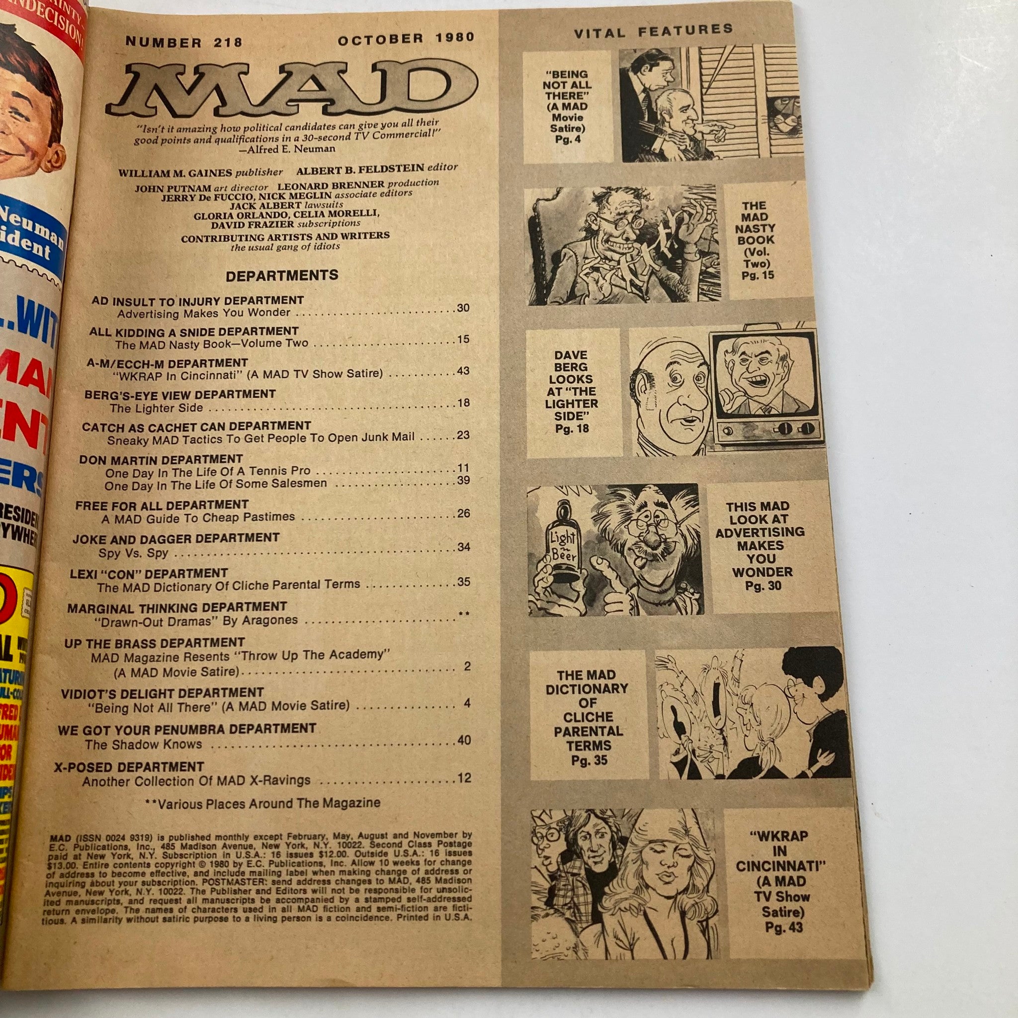 Mad Magazine October 1980 No. 218 Dave Berg Lighter Side 6.0 FN Fine No Label