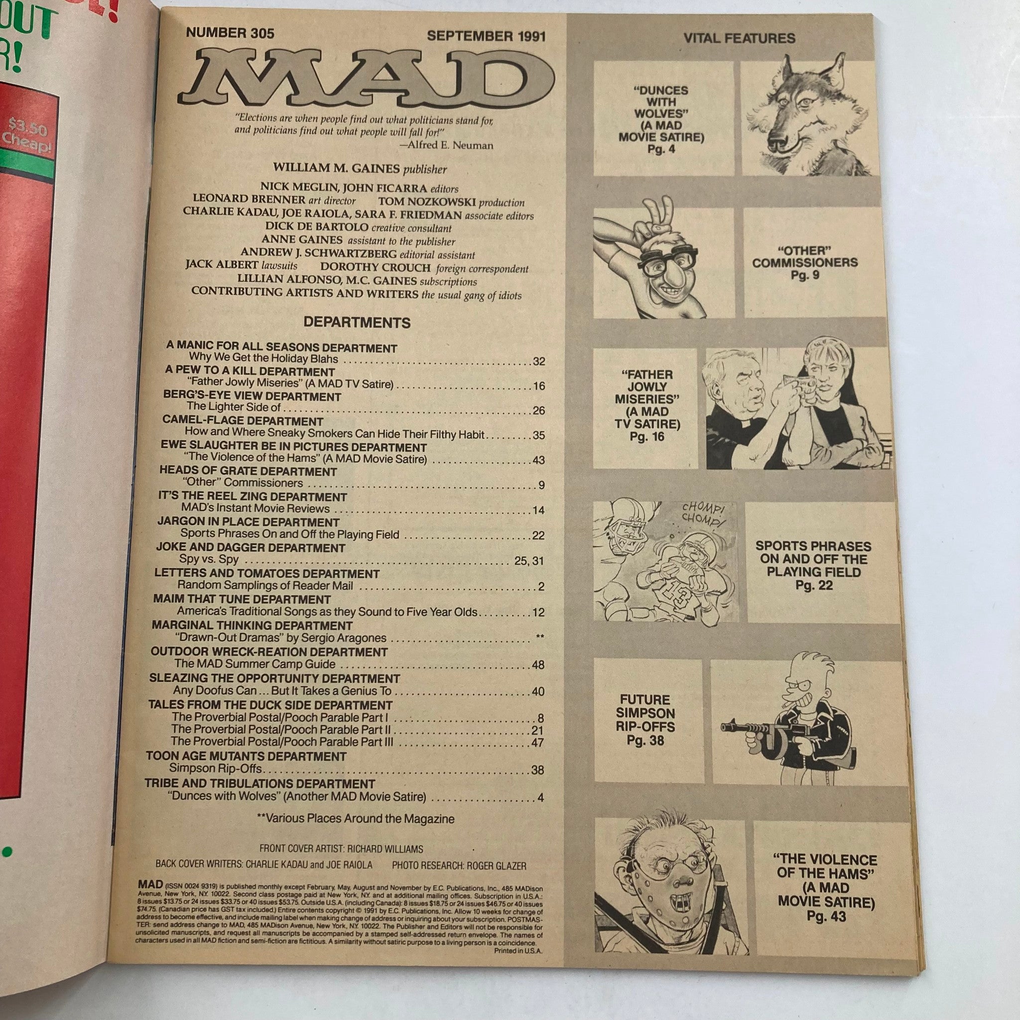 Mad Magazine September 1991 No. 305 Support America's Brave 6.0 FN Fine No Label