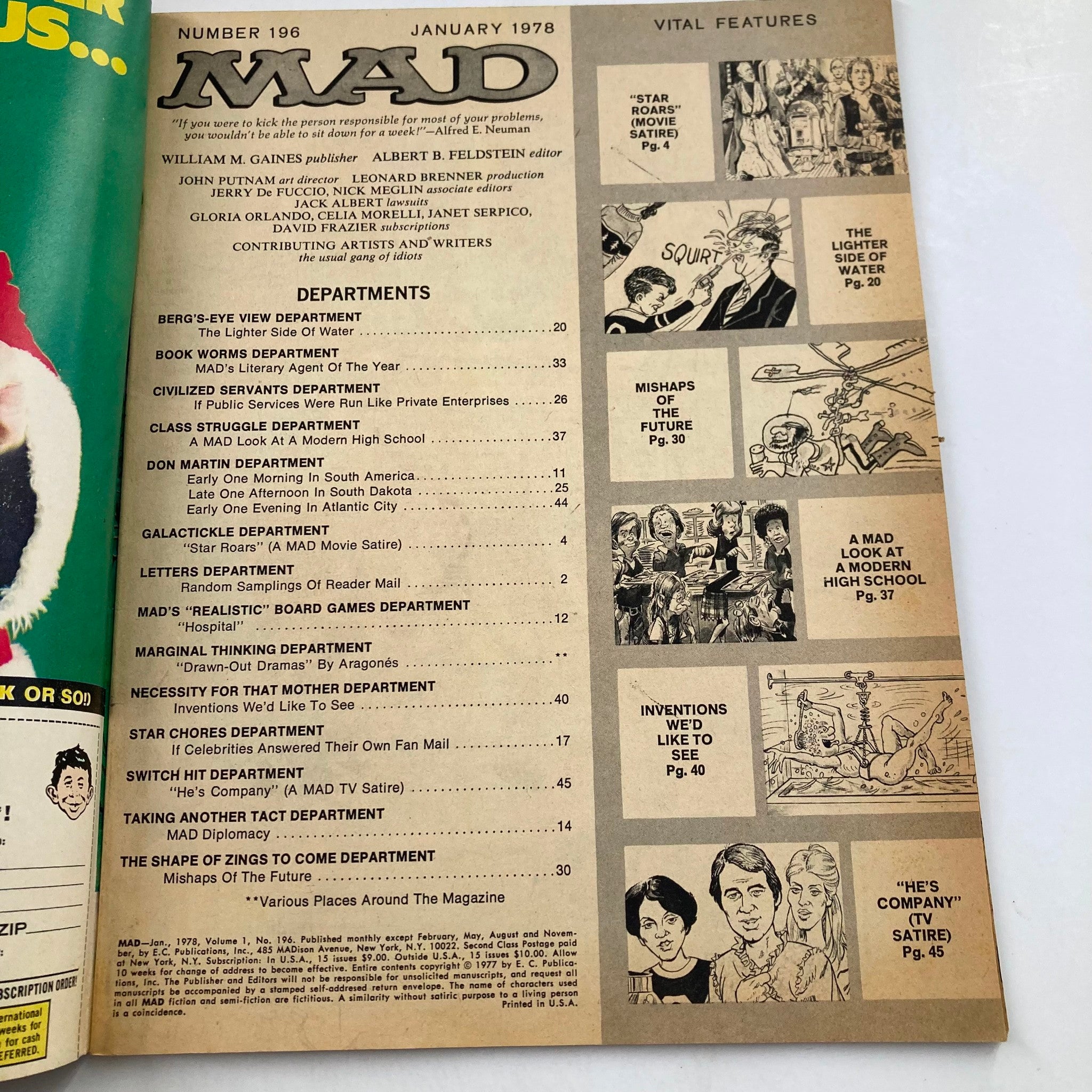 Mad Magazine January 1978 No. 196 Star Wars & 3's Company 6.0 FN Fine No Label